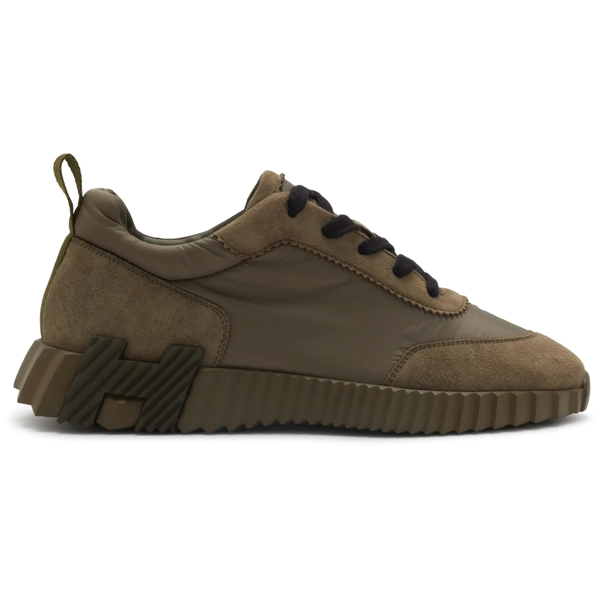 Side View of Hermes Paris Bouncing Nylon Suede Sneaker Vert Tundra