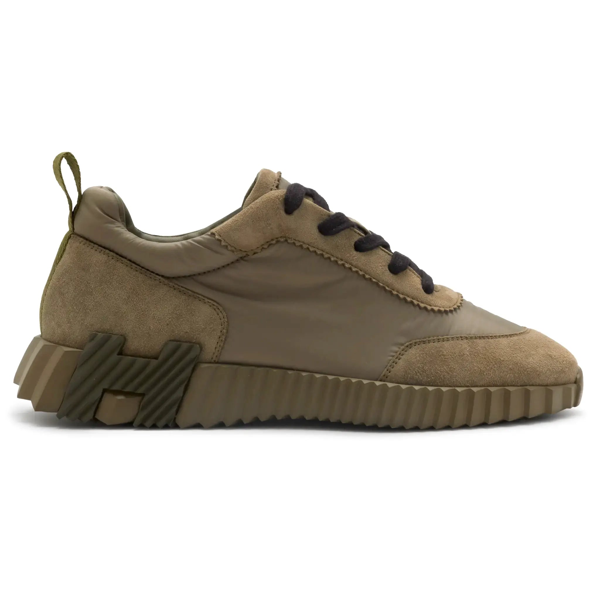 Side View of Hermes Paris Bouncing Nylon Suede Sneaker Vert Tundra