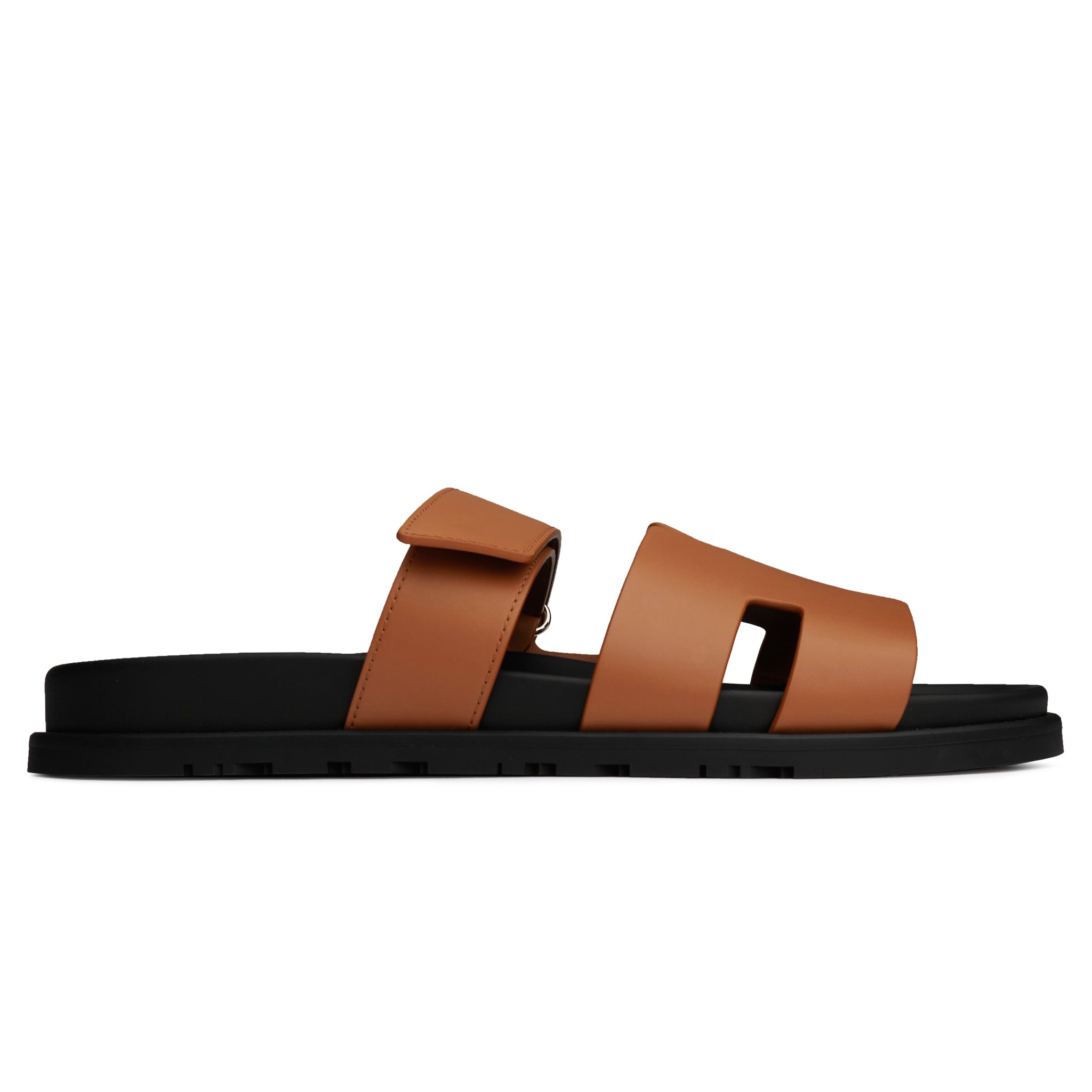 Side view of Hermes Paris Chypre Leather Brown Sandal