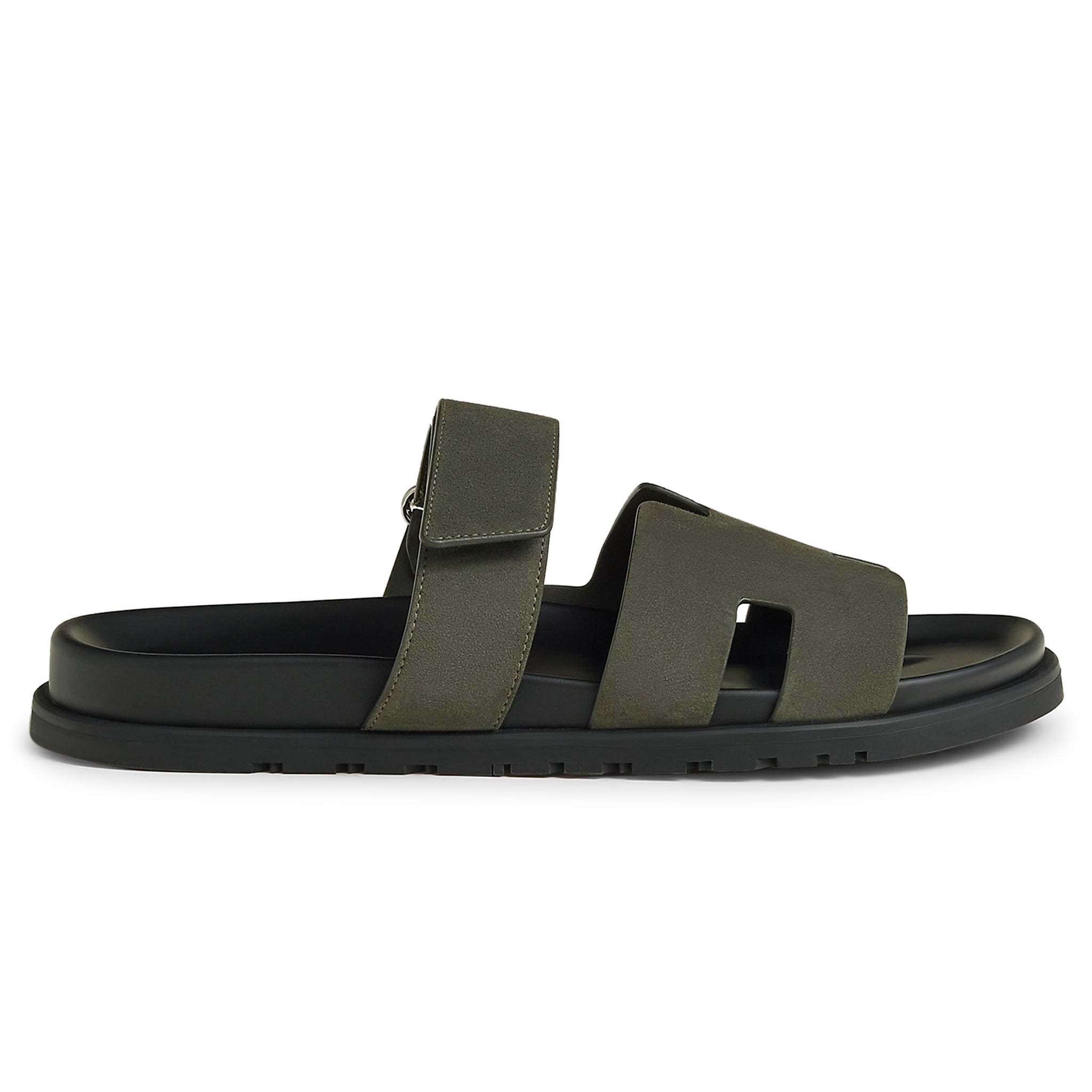 Front view of Hermes Paris Chypre Suede Forest Green Sandal H222856ZH4N430 