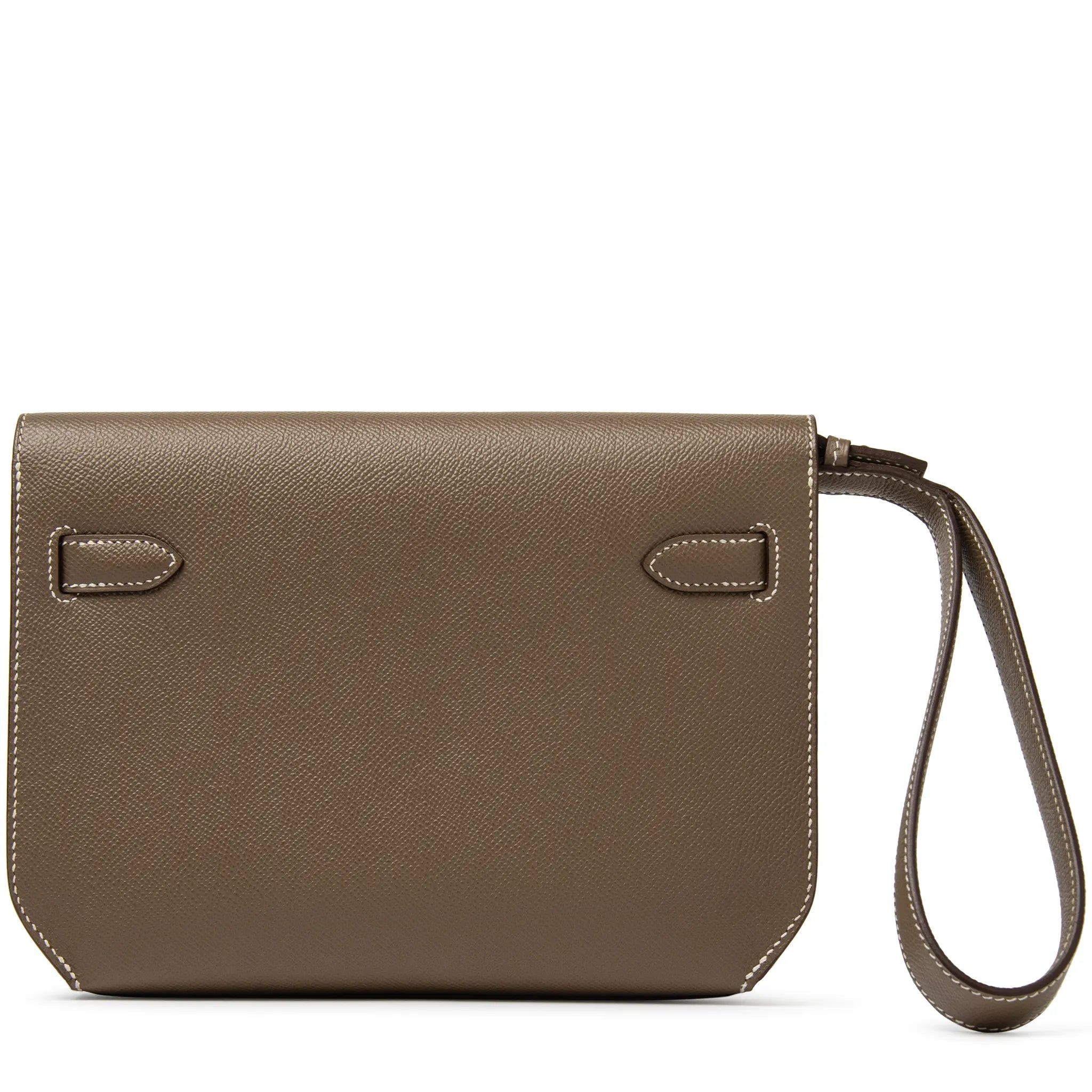 Back View of Hermes Paris Kelly Depeches 25 Epsom Etoupe Palladium Hardware H078397CK18