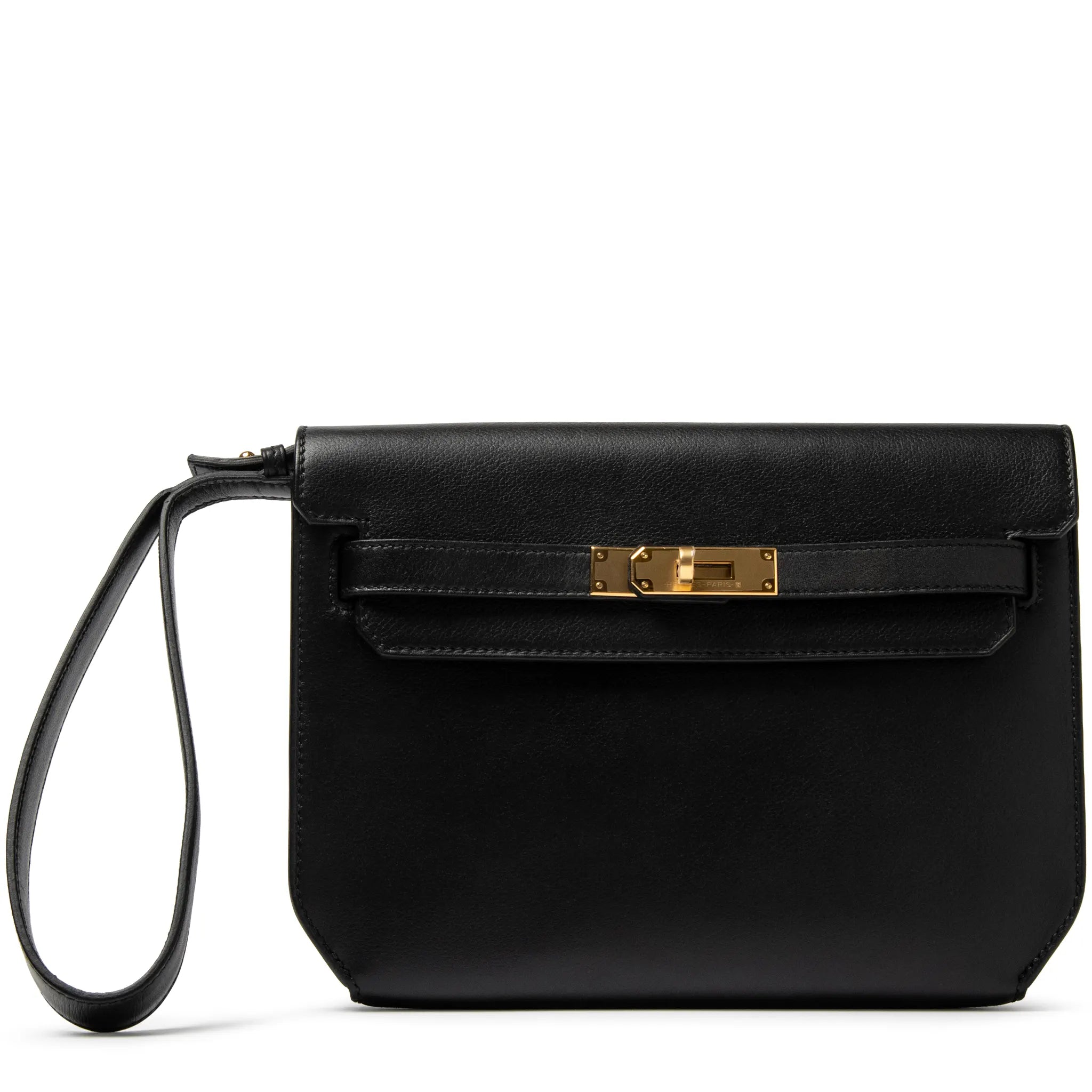 Front View of Hermes Kelly Depeches 25 Evercolor Black Gold Hardware H078398CC89