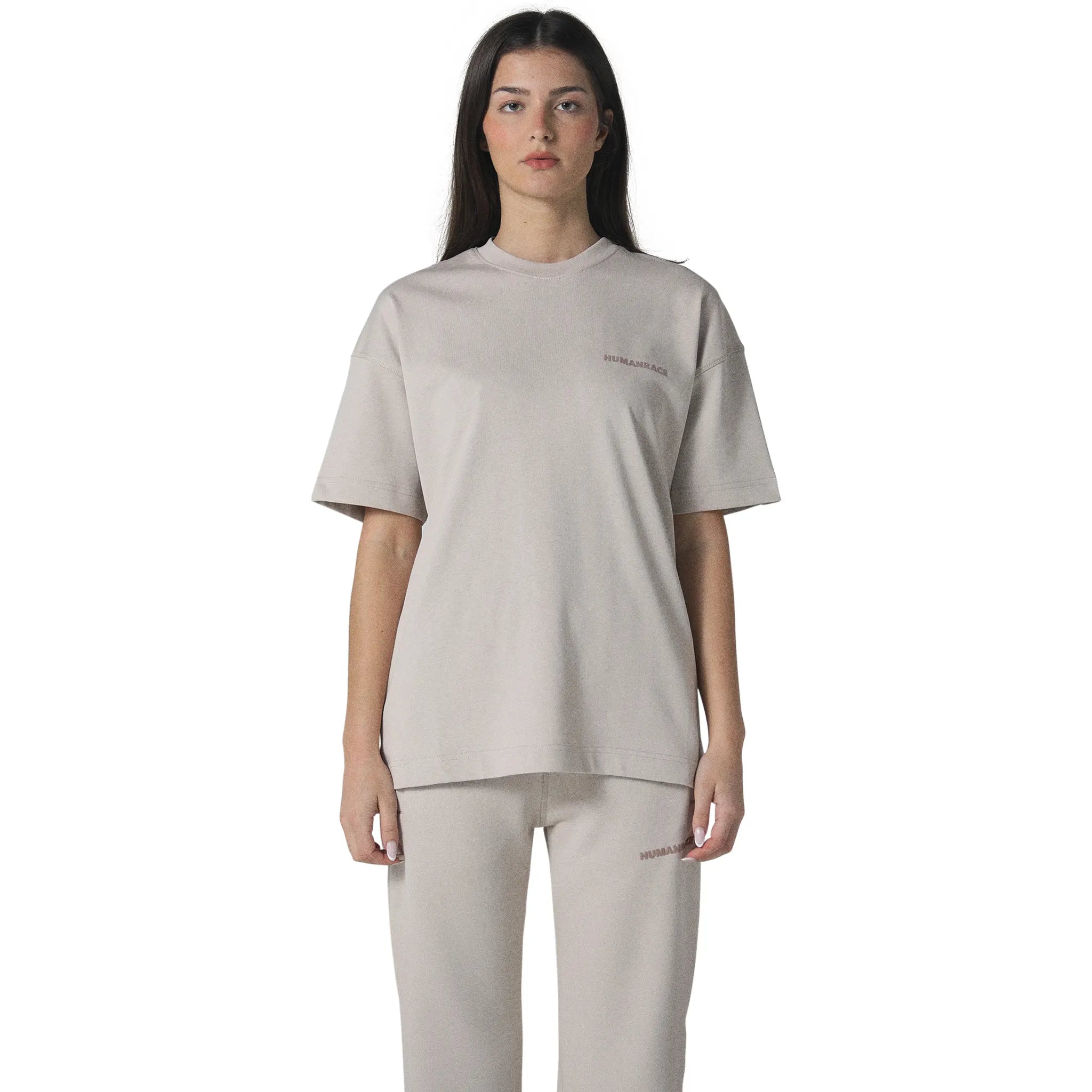 Model female front view of Human Race Space Deep Taupe T Shirt