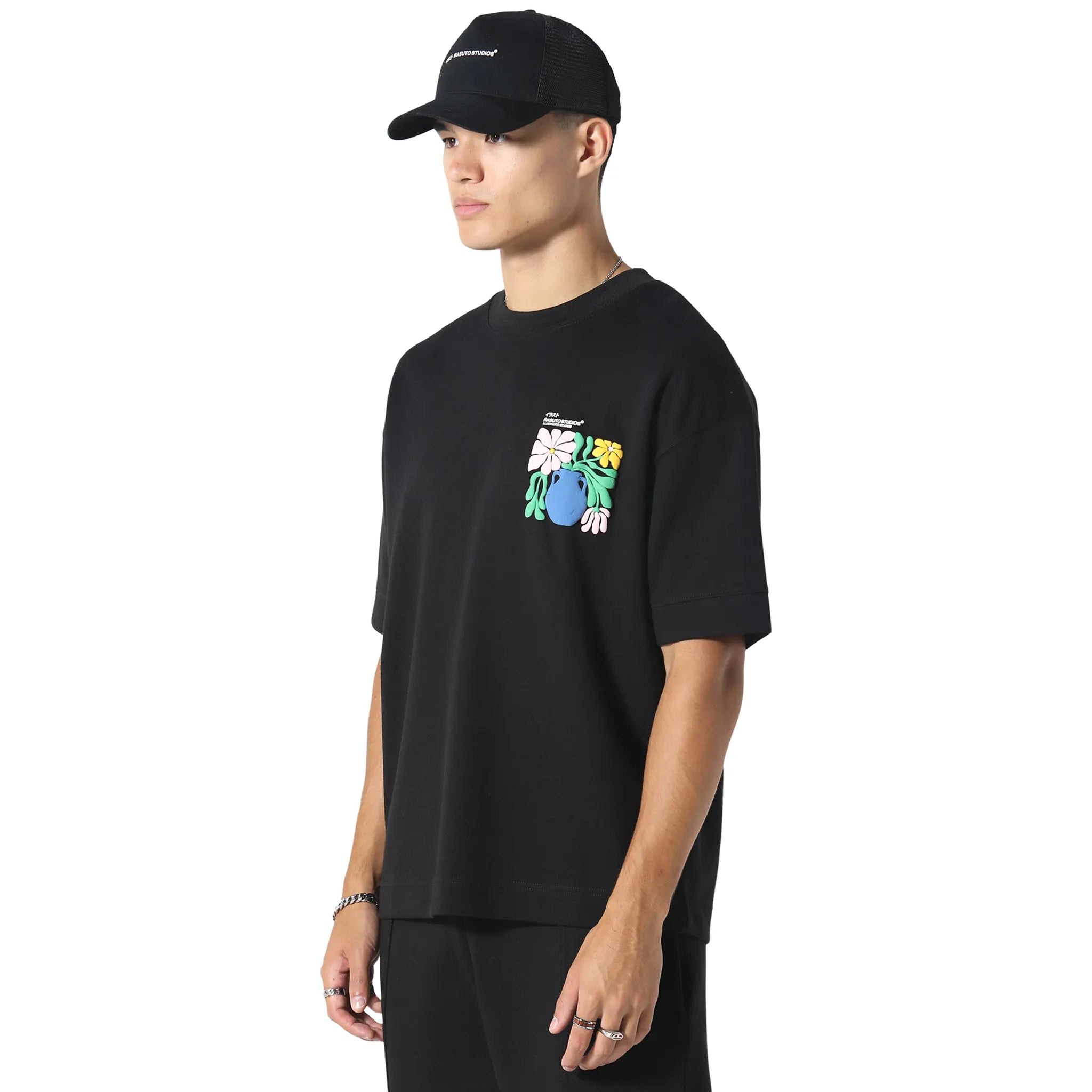 Front Side View of Irasuto Studios Hikari Bloom Black T Shirt 5060615214907