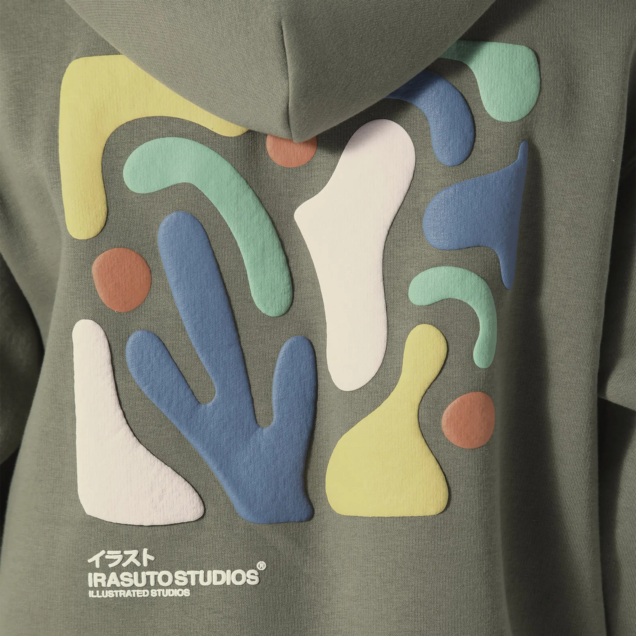 Detailed Back View of Irasuto Studios Shikaku Form Khaki Zip-Up Hoodie 5060615214488