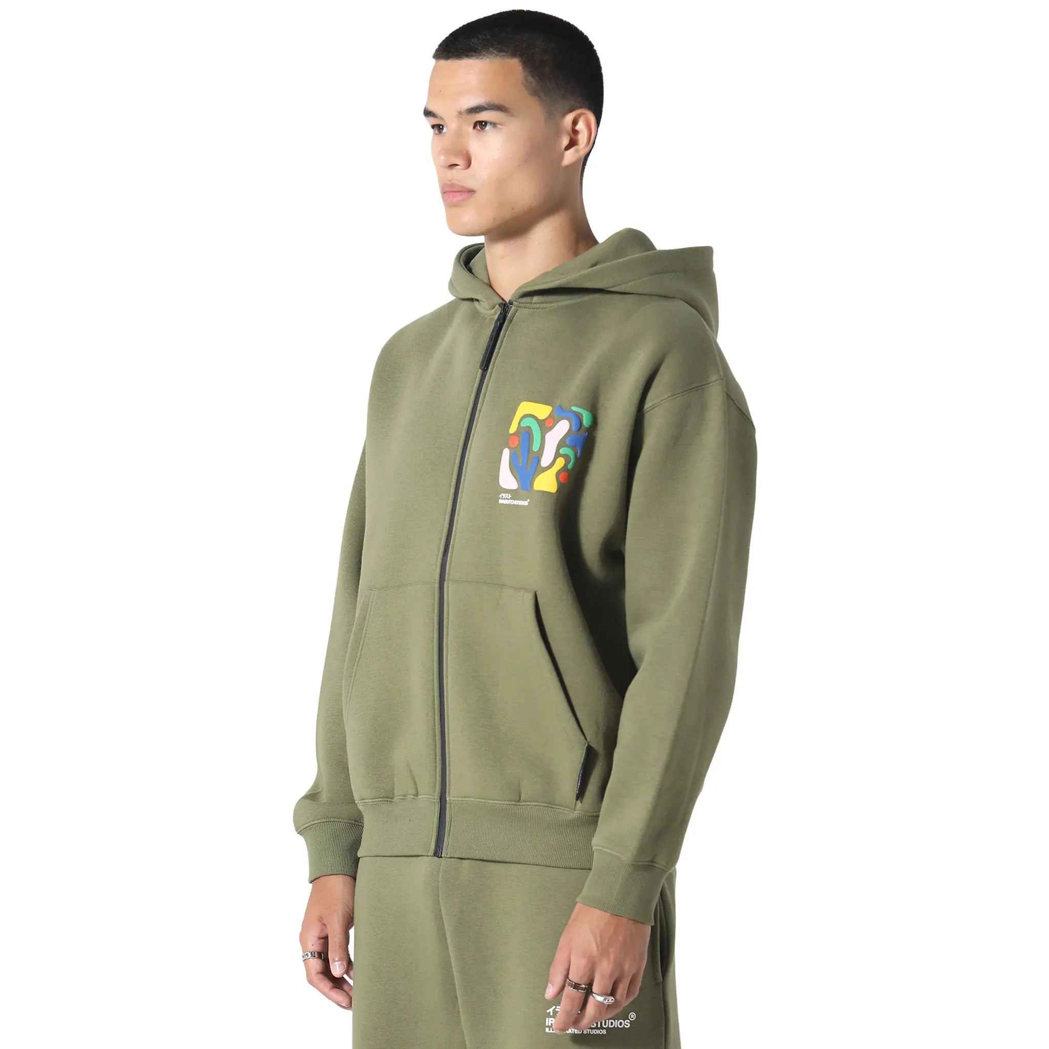 Front Side View of Irasuto Studios Shikaku Form Khaki Zip-Up Hoodie 5060615214488