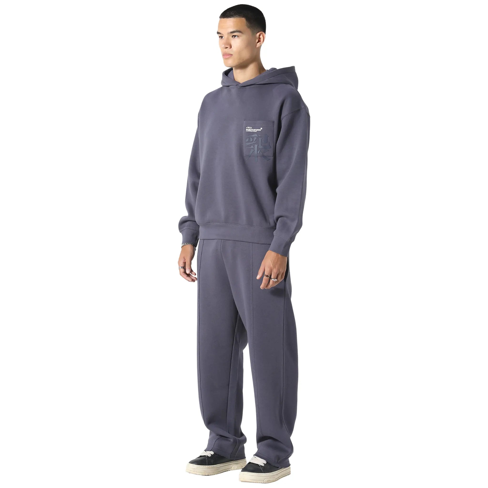 Front Side View of Irasuto Studios Typo Sea Blue Hoodie 5060615209675