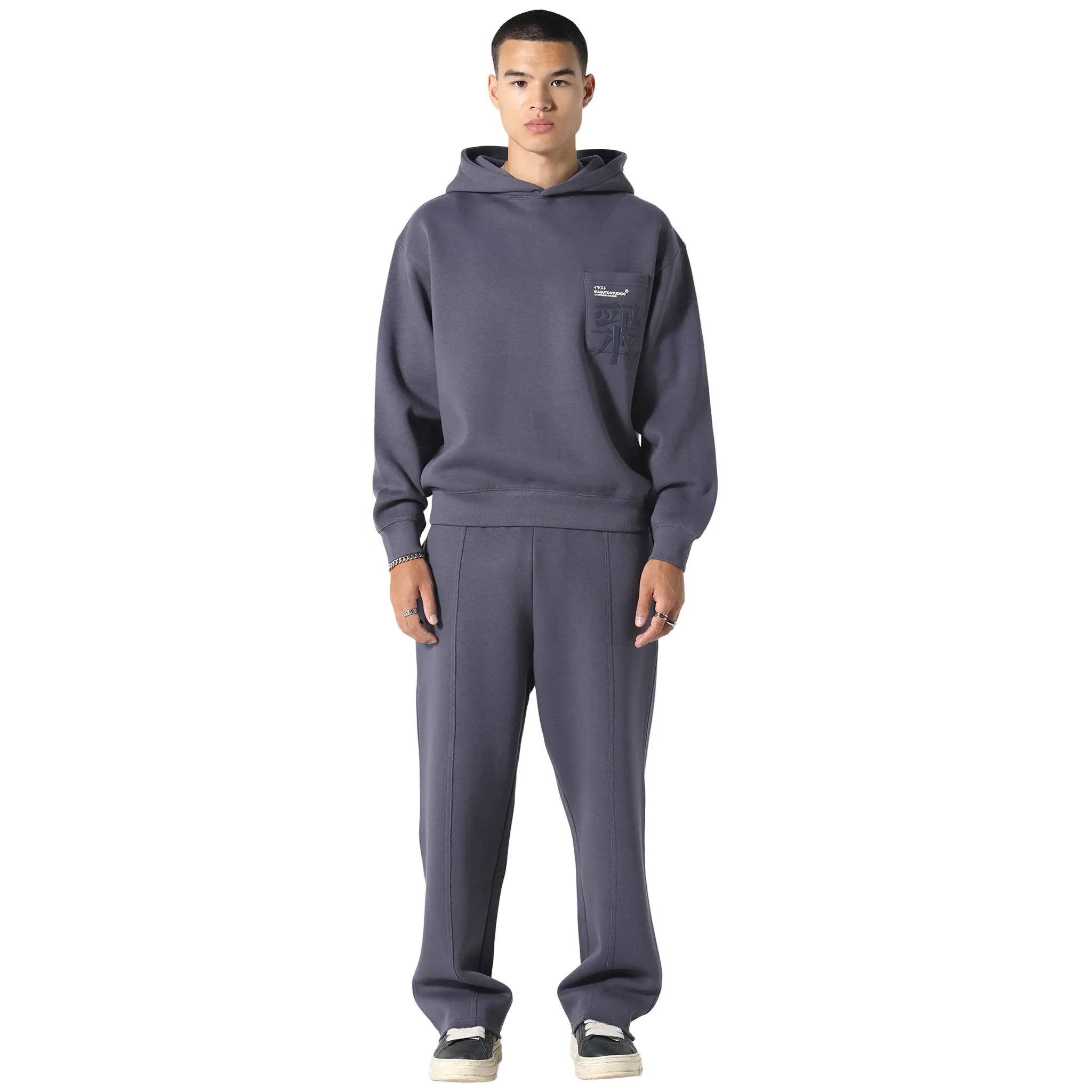 Front View of Irasuto Studios Typo Sea Blue Hoodie 5060615209675