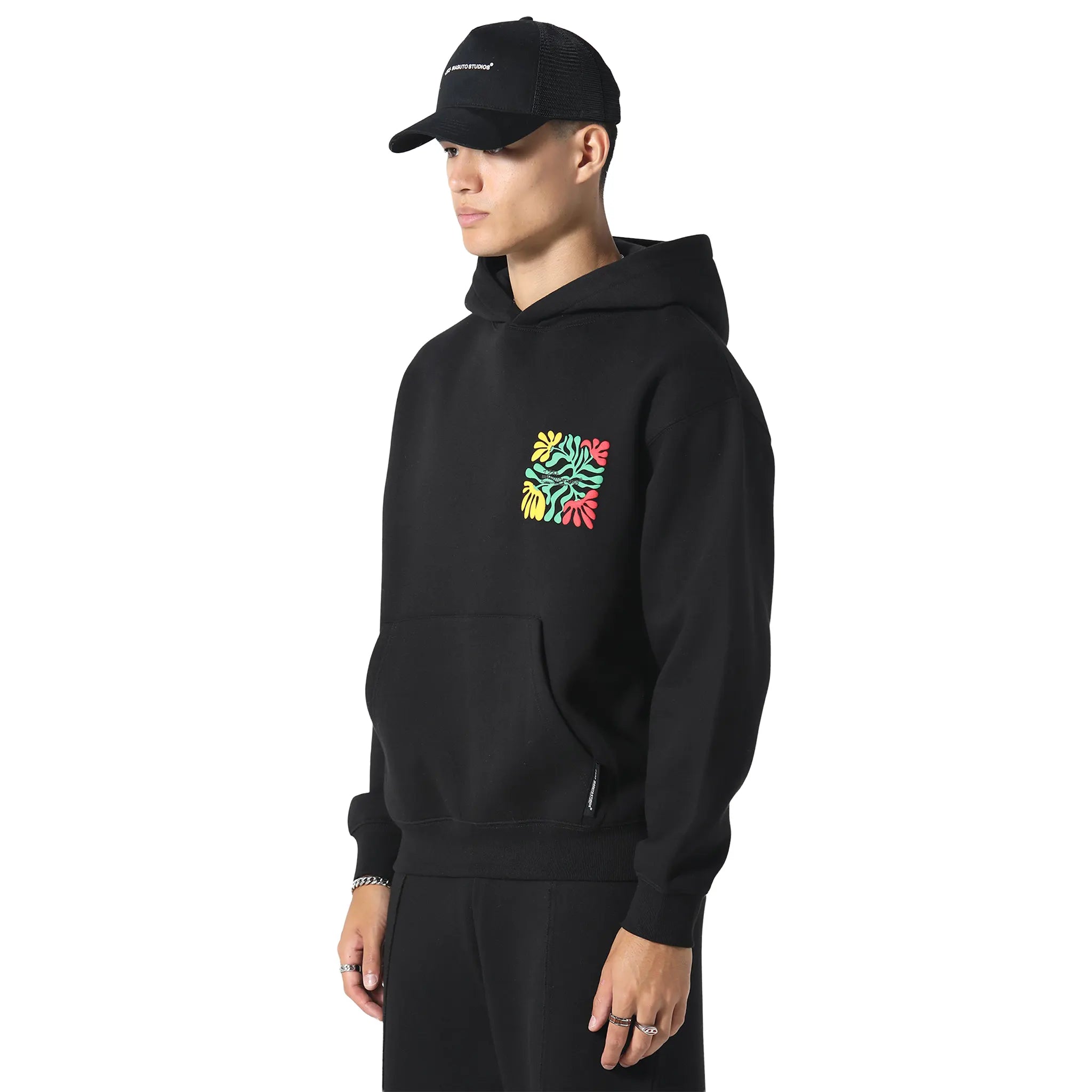 Side View of Irasuto Studios Zen Forest Black Hoodie 5060615214204
