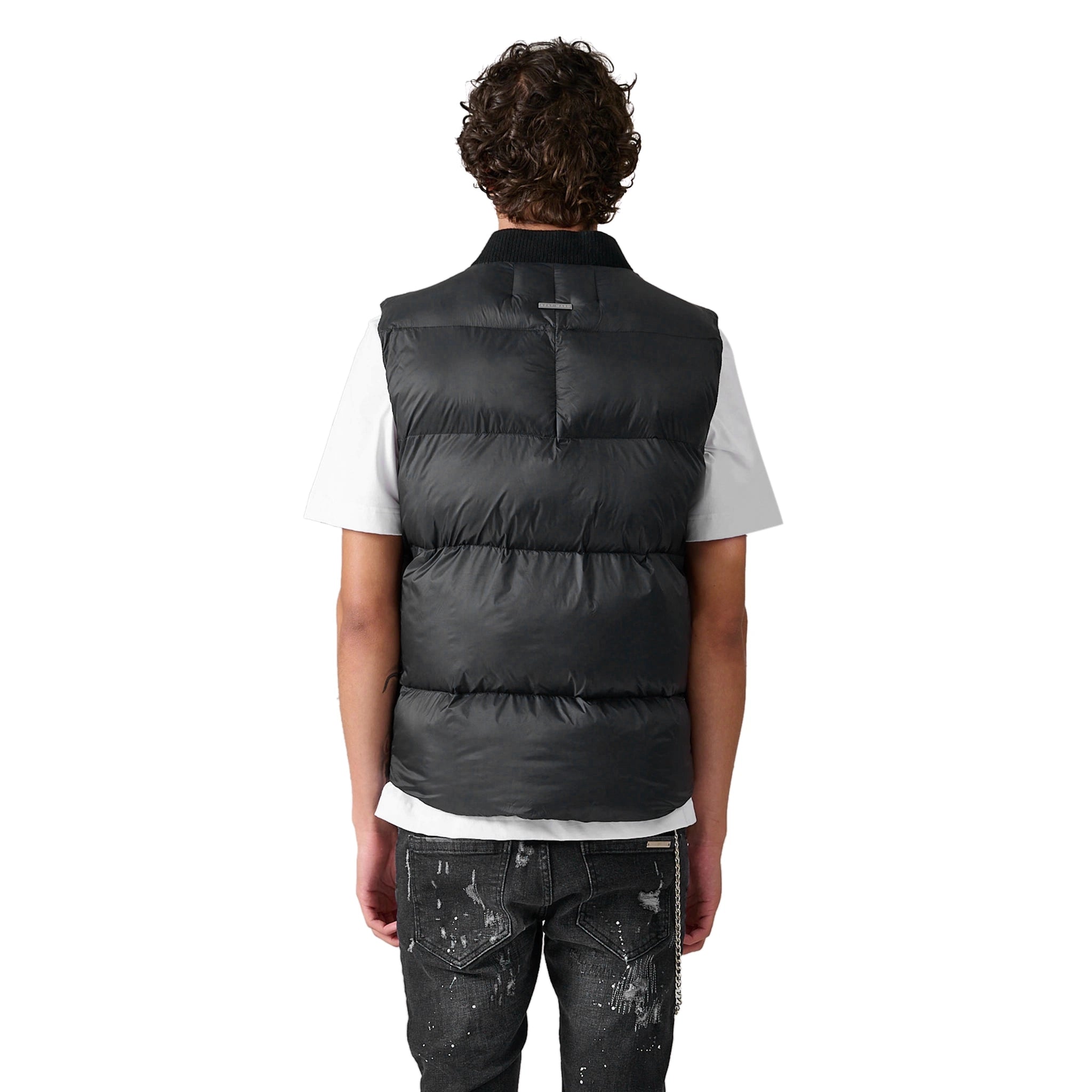 Model back view of Azat Mard Puffer Black Gilet