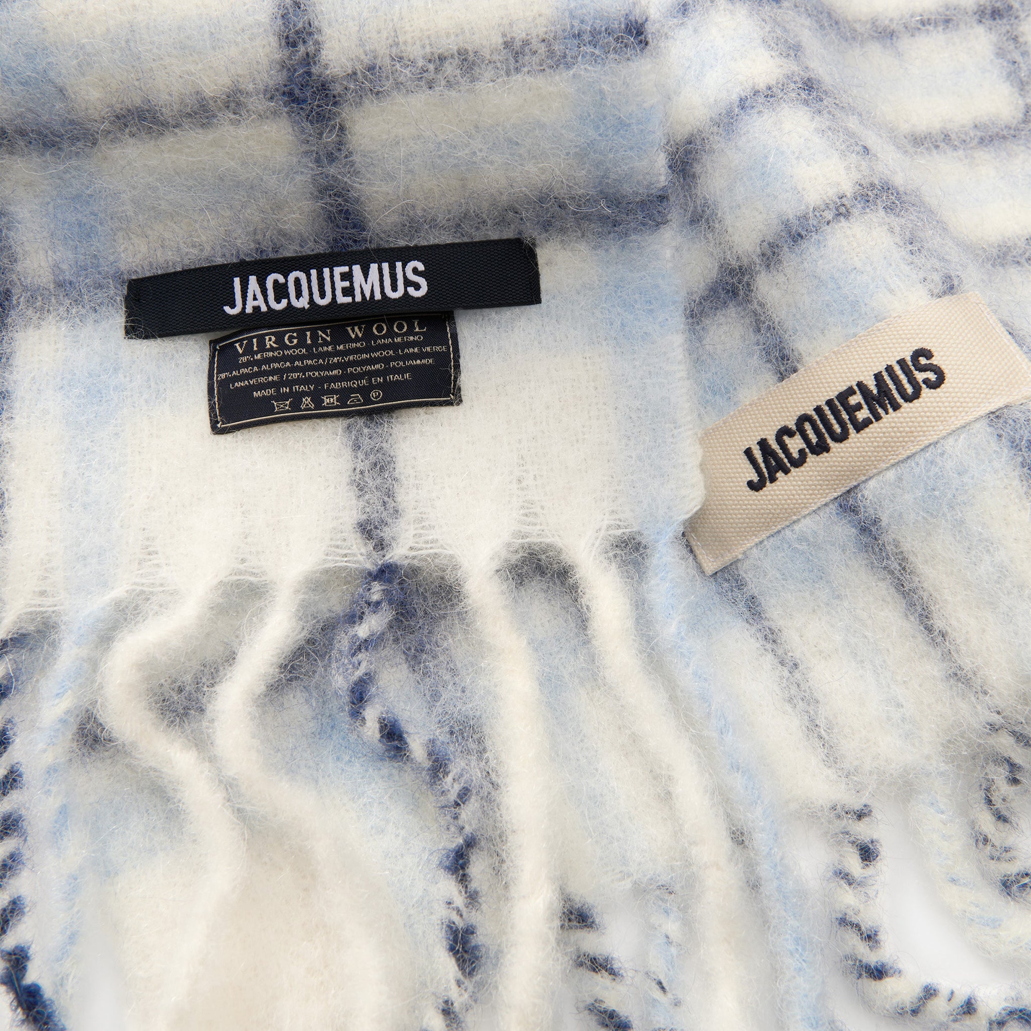 Label view of Jacquemus L'echarpe Carro Checked Blue Scarf - 236AC572-5087-3CY