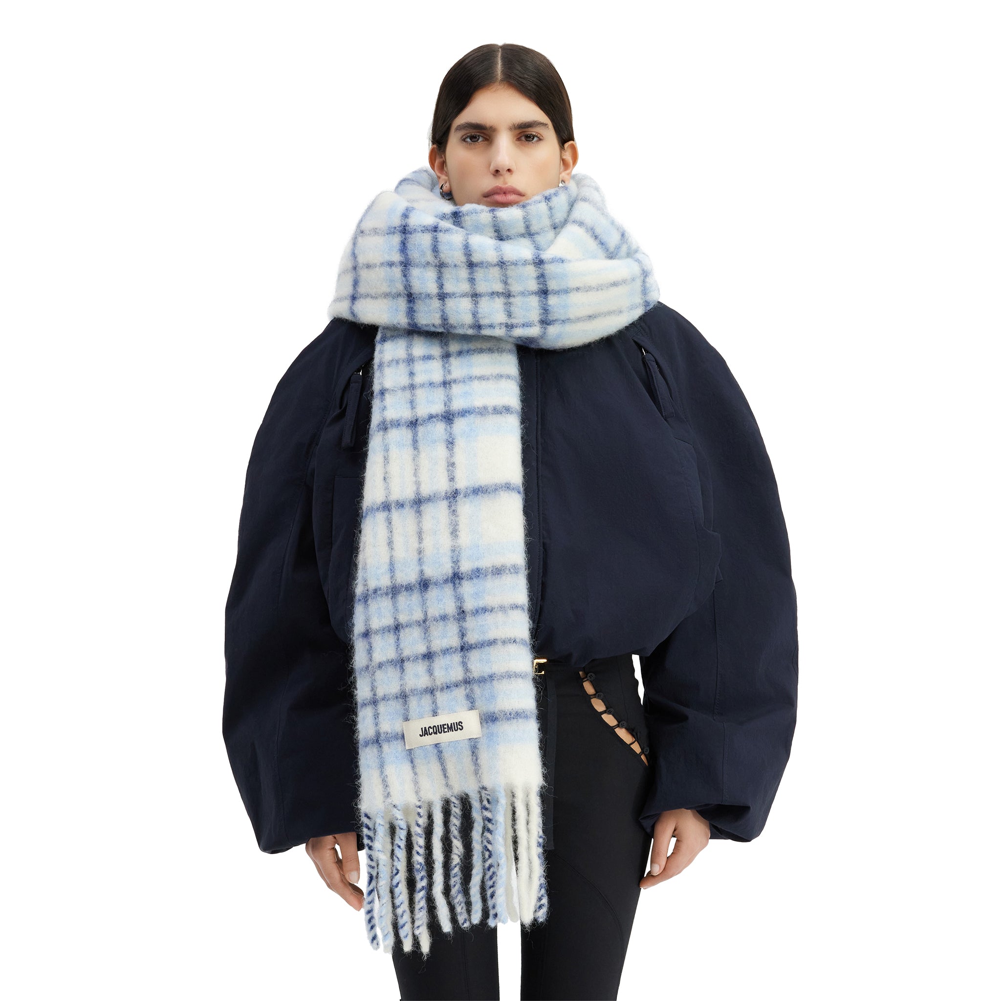 Model view of Jacquemus L'echarpe Carro Checked Blue Scarf - 236AC572-5087-3CY