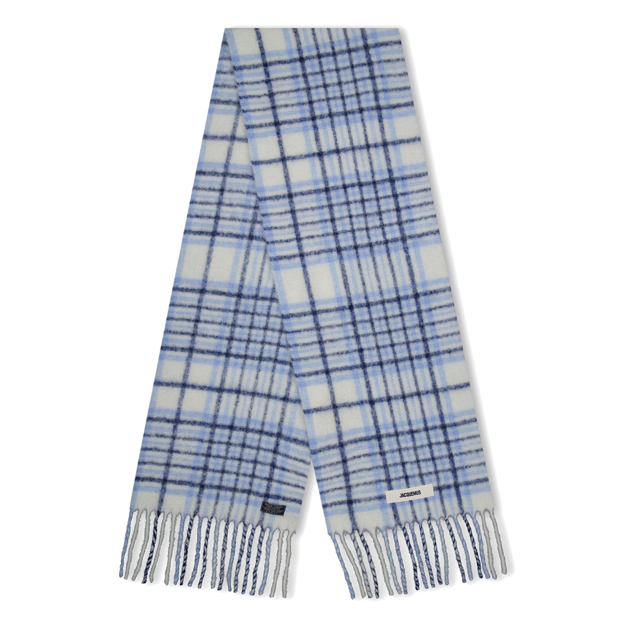 Front view of Jacquemus L'echarpe Carro Checked Blue Scarf - 236AC572-5087-3CY