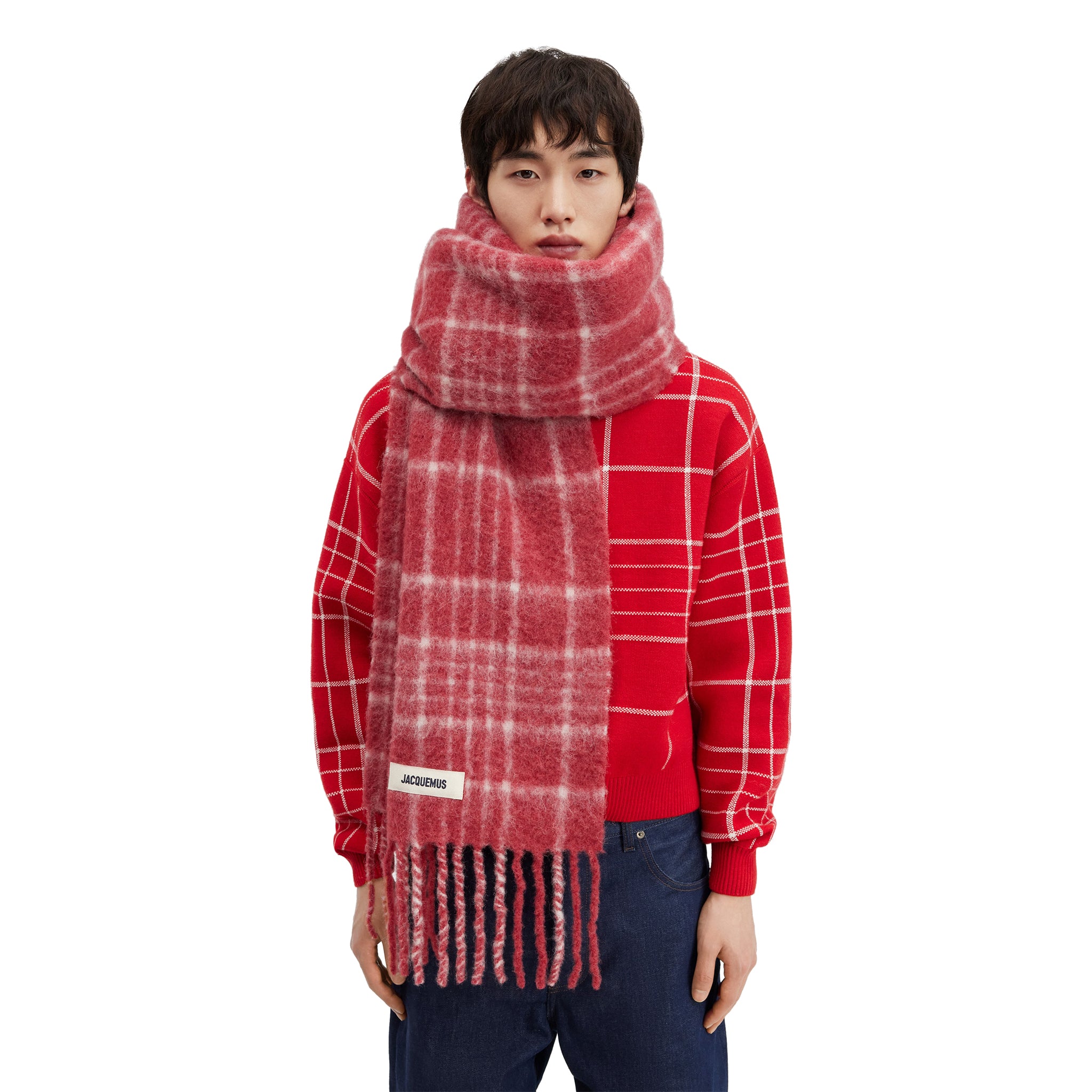Model view of Jacquemus L'echarpe Carro Checked Red Scarf 236AC572-5087-4AT