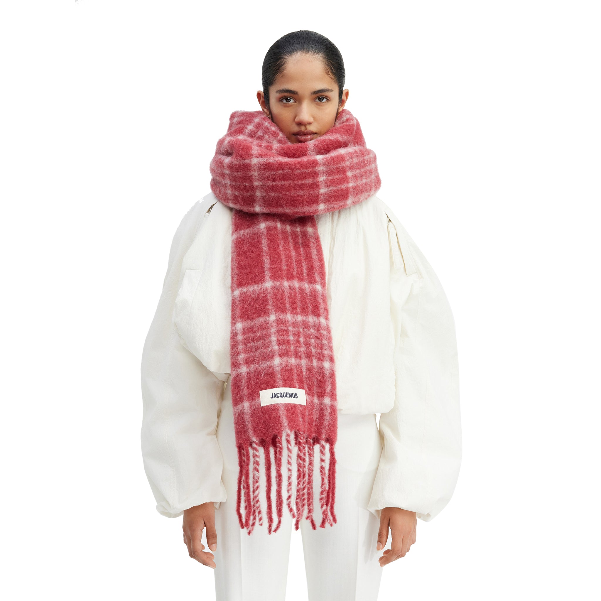 Model view of Jacquemus L'echarpe Carro Checked Red Scarf 236AC572-5087-4AT
