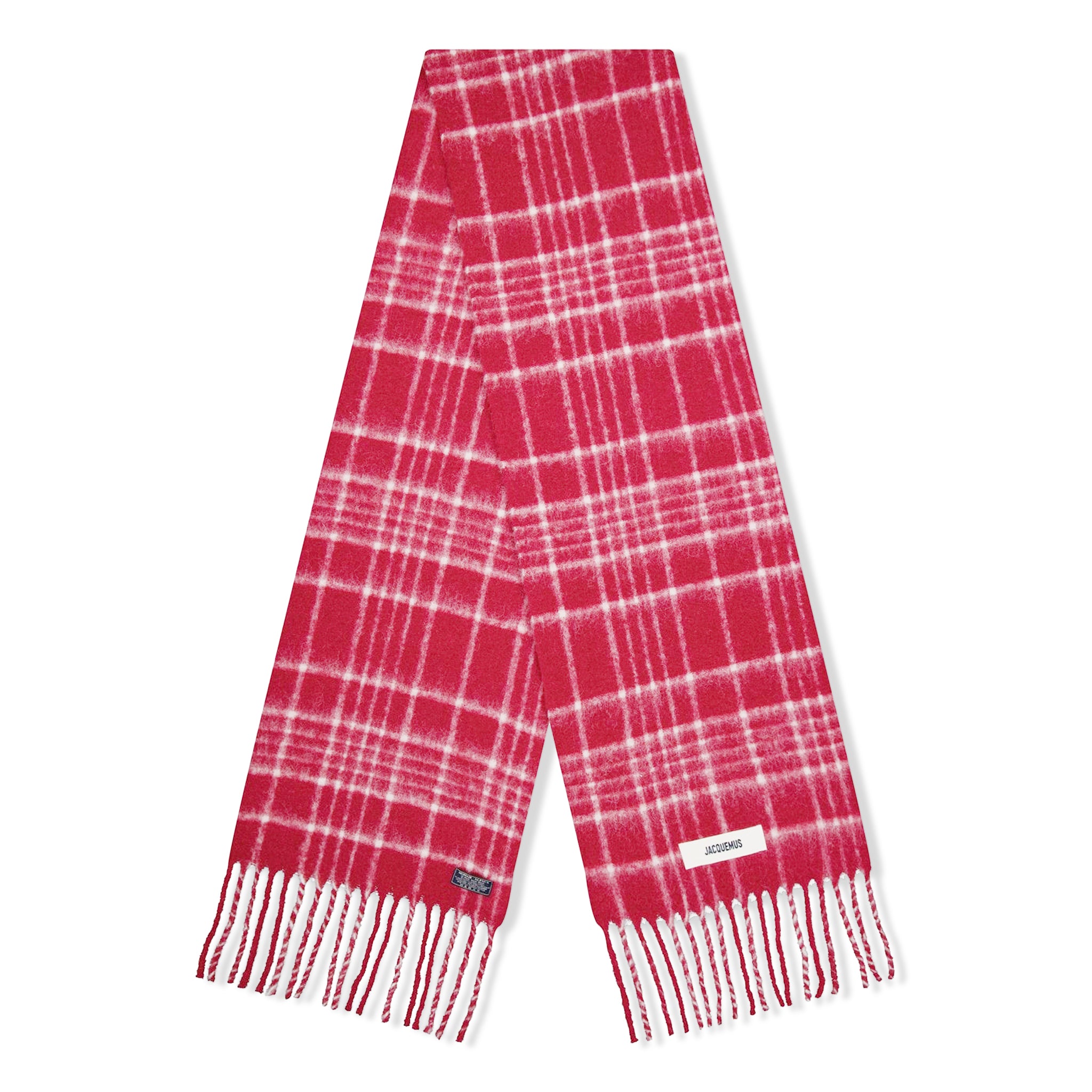 Front view of Model view of Jacquemus L'echarpe Carro Checked Red Scarf 236AC572-5087-4AT