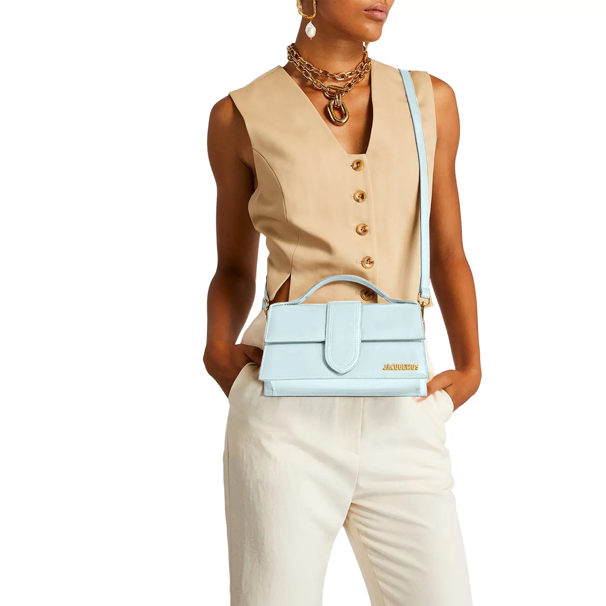 Model View of Jacquemus Large Bambino Baby Blue Crossbody Bag 213BA007-3100-560