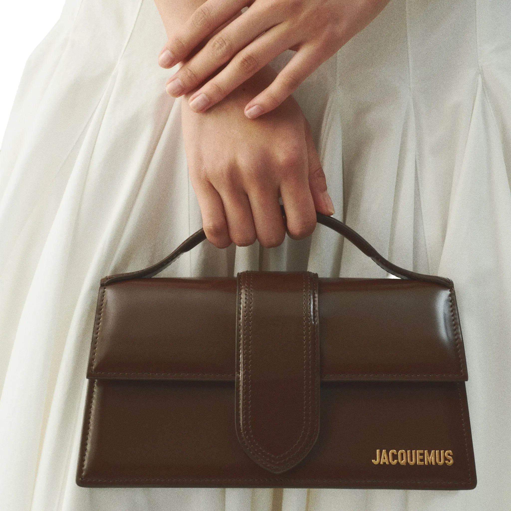 Model View of Jacquemus Large Bambino Brown Crossbody Bag BAW00007BC01A01850