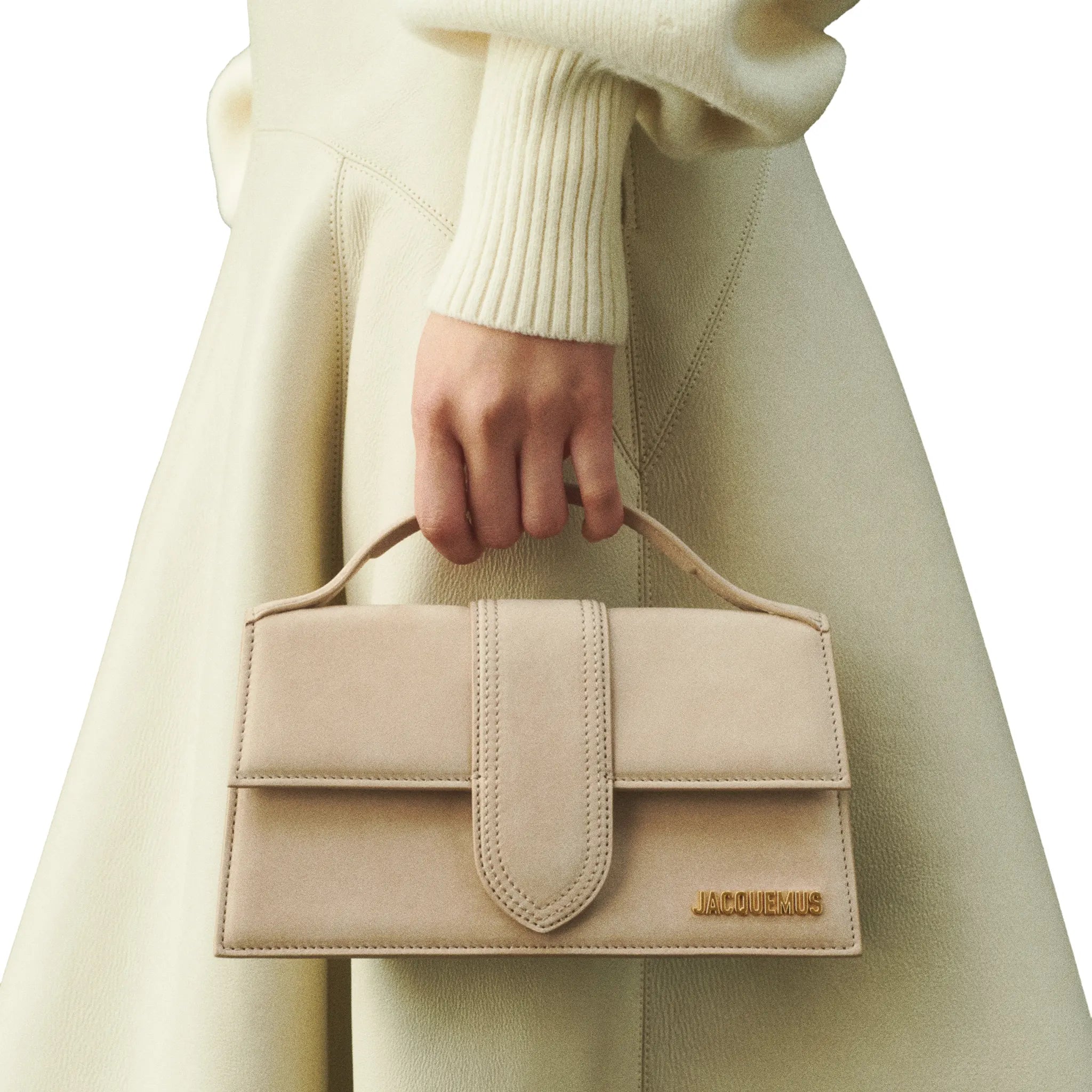 Model View of Jacquemus Large Bambino Dark Beige Crossbody Bag BAW00007AC08C01180