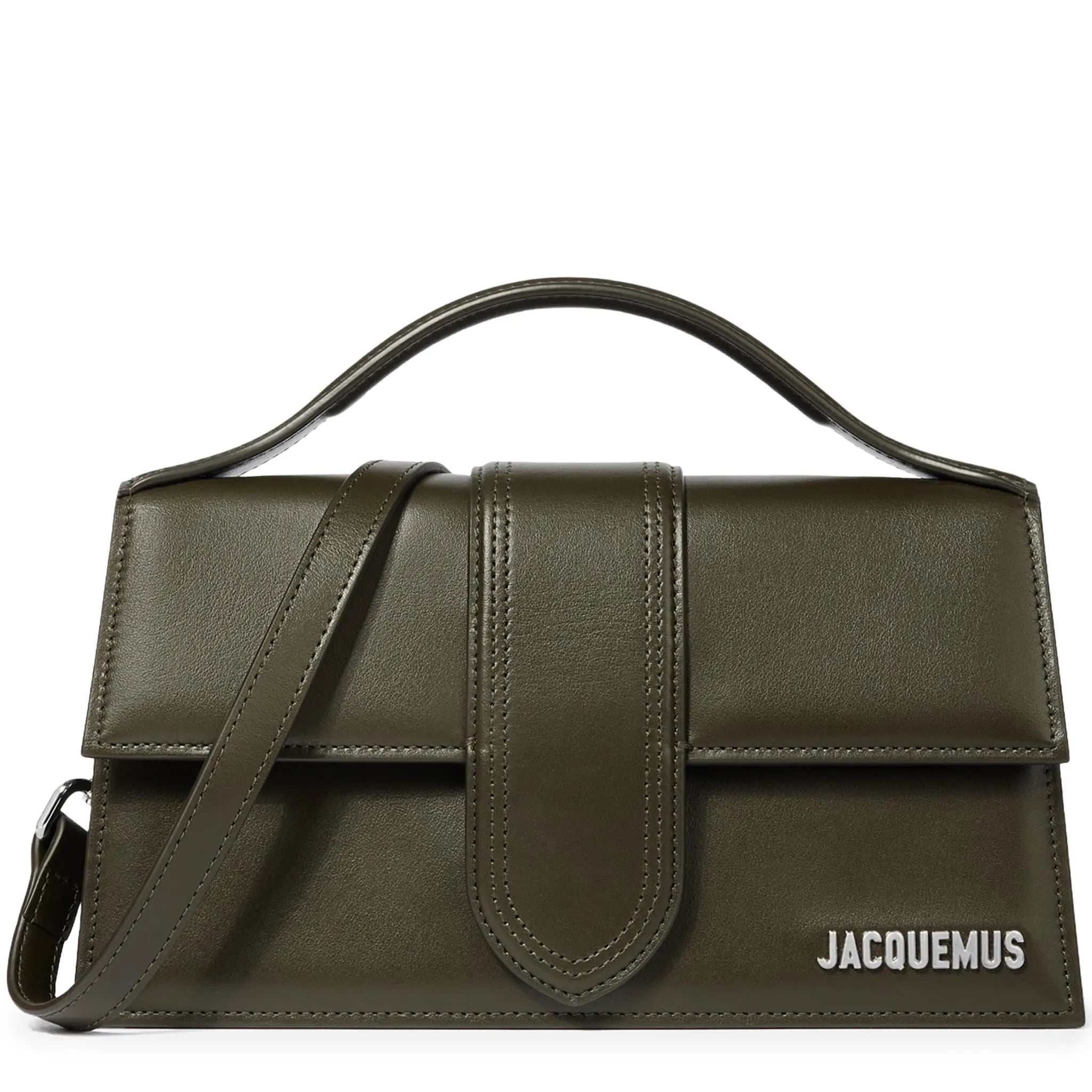 Front View of Jacquemus Large Bambino Dark Khaki Crossbody Bag BAW00007AC01C02580