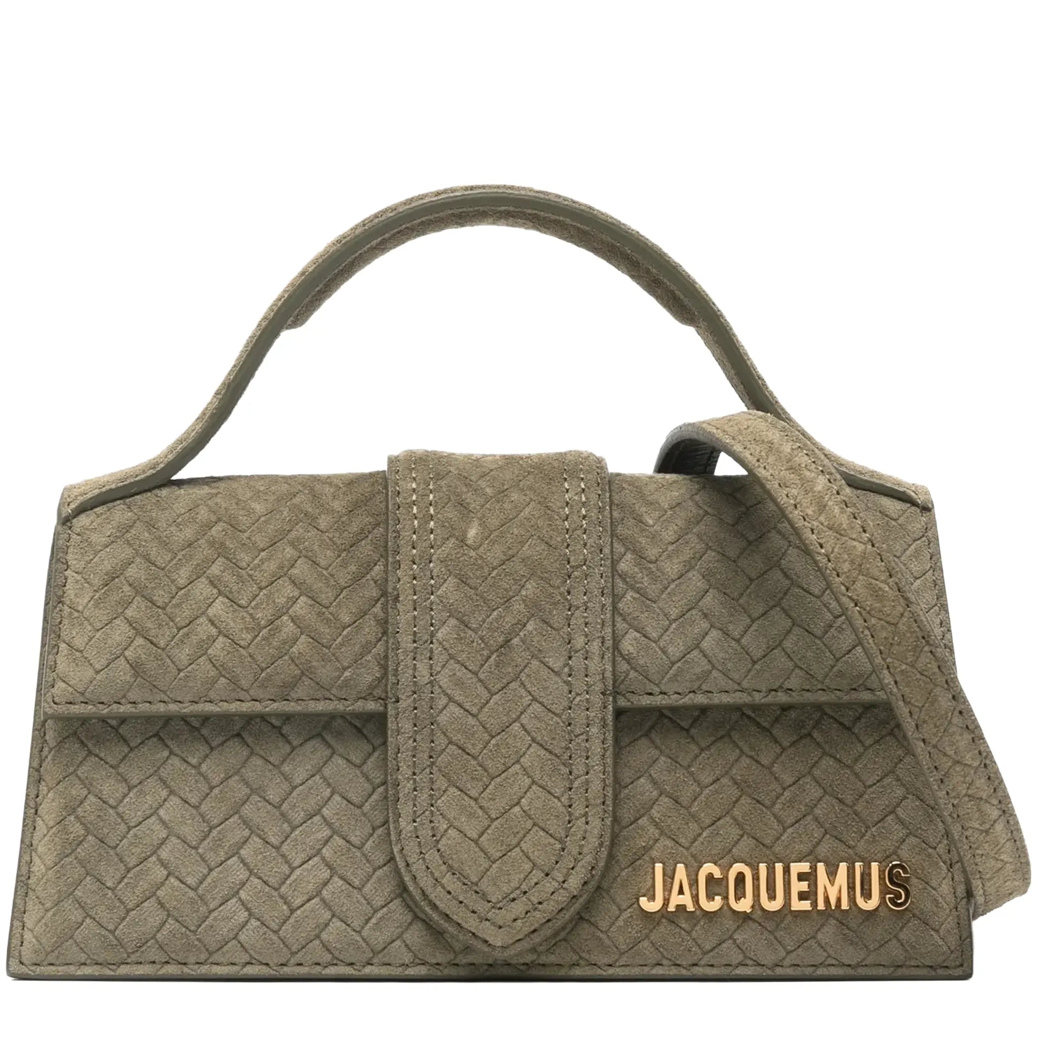 Front View of Jacquemus Le Bambino Khaki Suede Top Handle Bag BAW00006 AC39A02-560