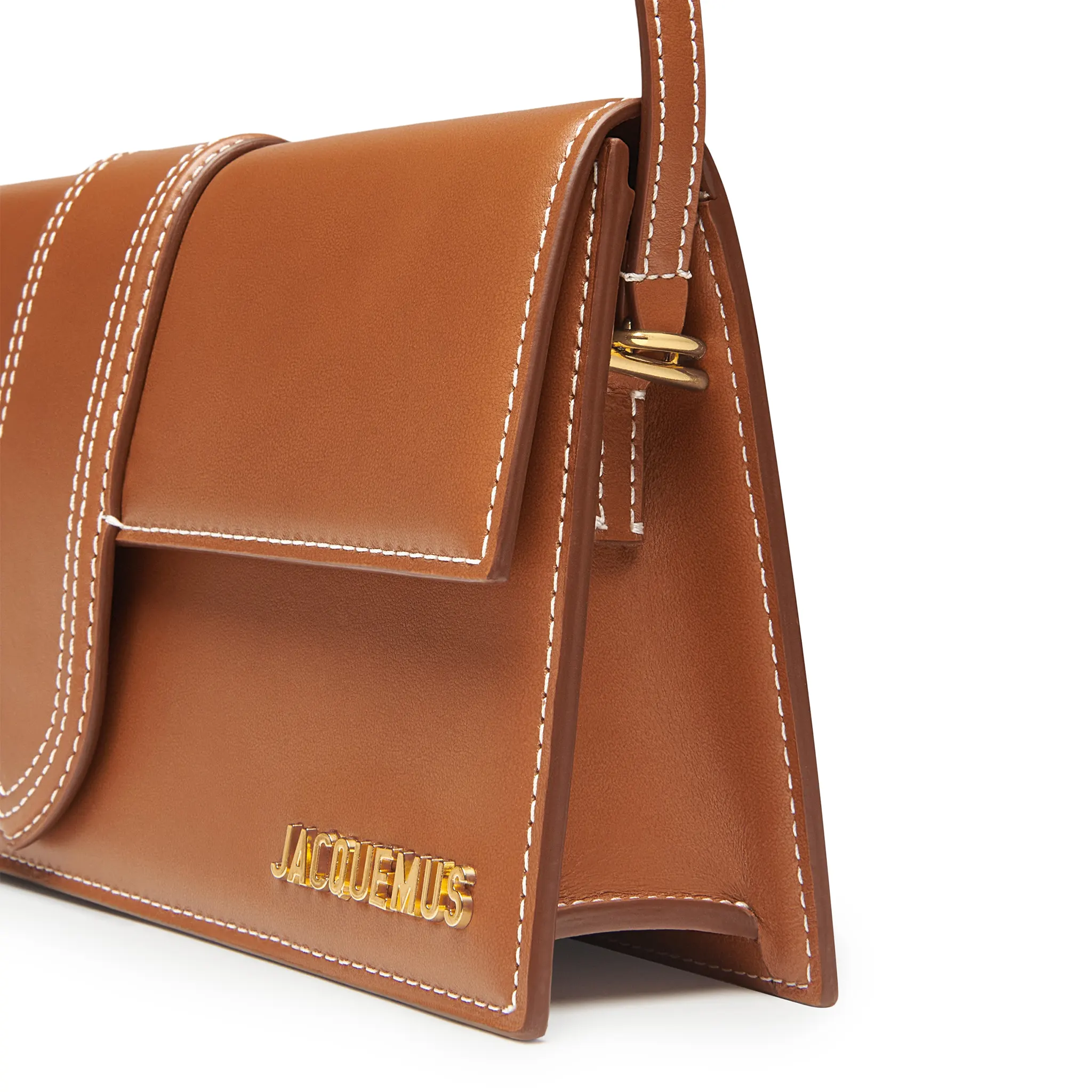 Front Side Detailed View of Jacquemus Le Bambino Long Flap Dark Beige Shoulder Bag BAW00013AC01C04811