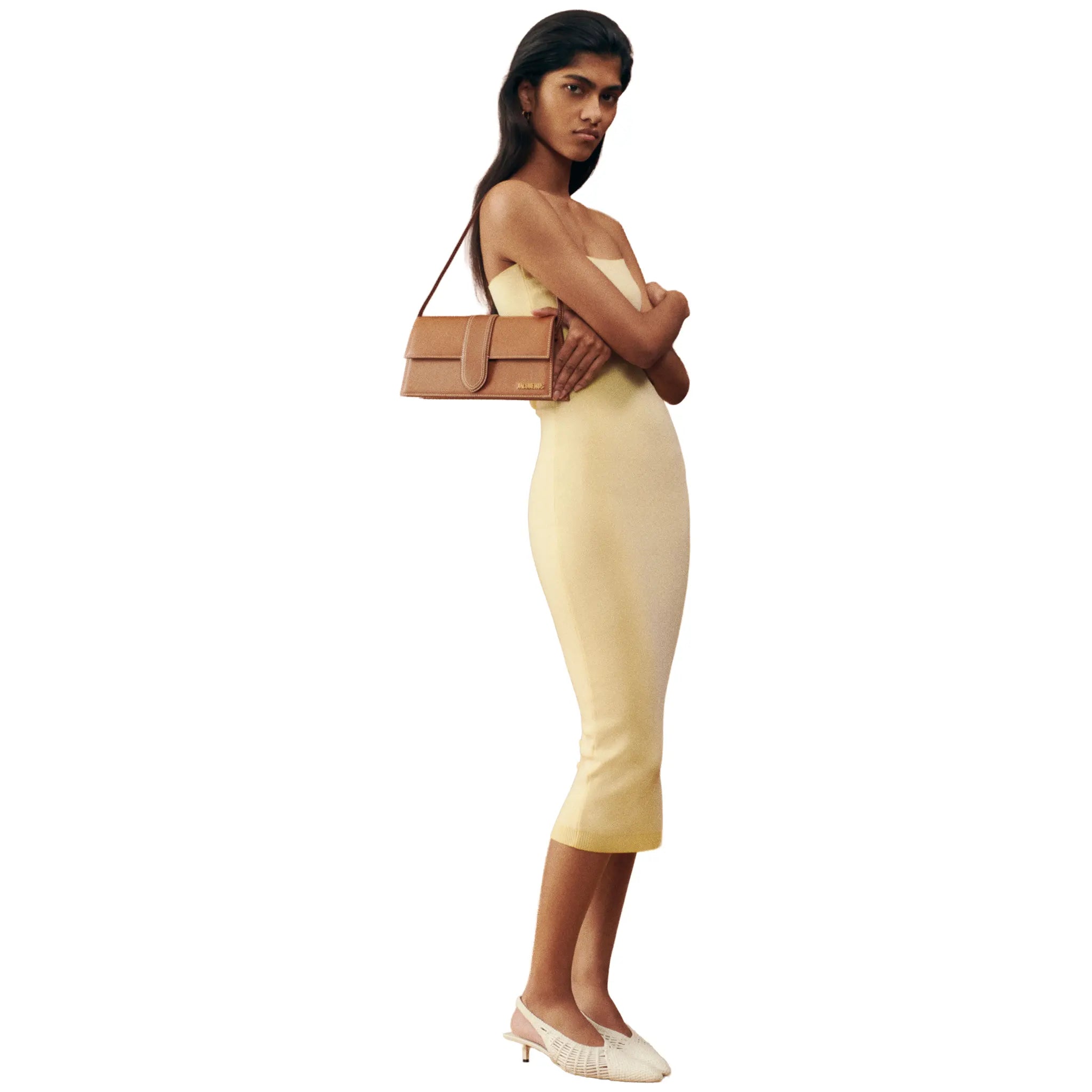 Model View of Jacquemus Le Bambino Long Flap Dark Beige Shoulder Bag BAW00013AC01C04811