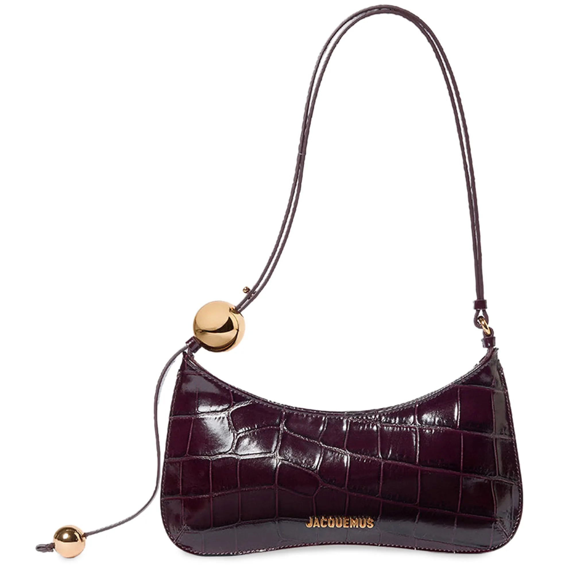 Front View of Jacquemus Le Bisou Perle Crocodile Dark Burgundy Shoulder Bag