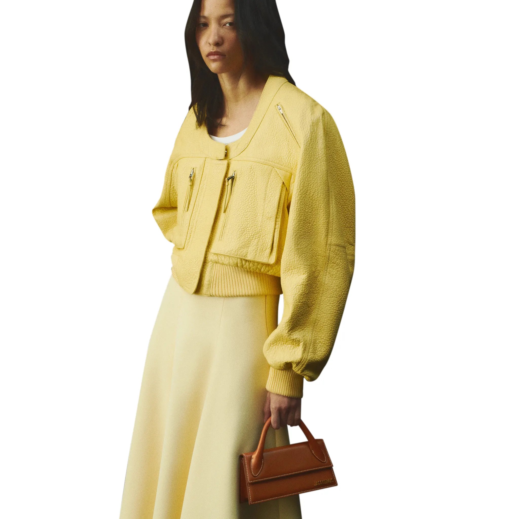 Model View of Jacquemus Long Chiquito Signature Light Brown Handbag BAW00004AC01C04811