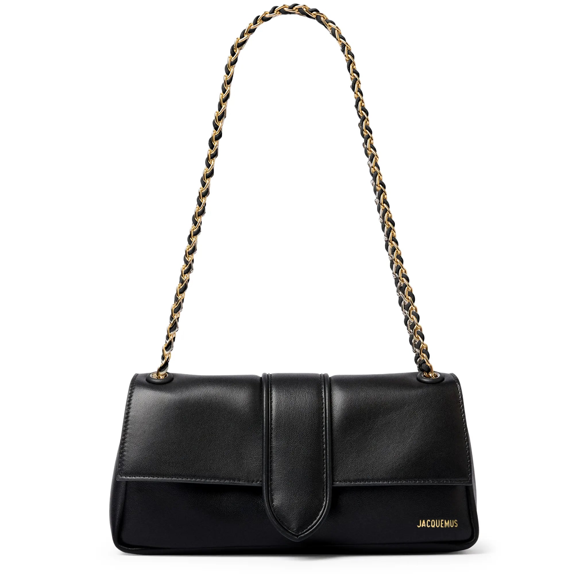 Front View of Jacquemus The Bambino Chain Soft Flap Black Shoulder Bag BAW00453AC27L14990