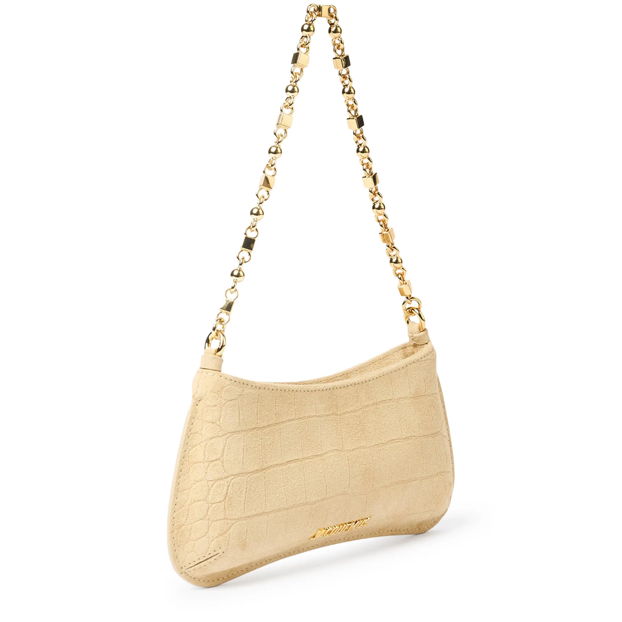 Front Side View of Jacquemus The Bisou Chain Small Suede Beige Shoulder Bag BAW00404AC07A17150