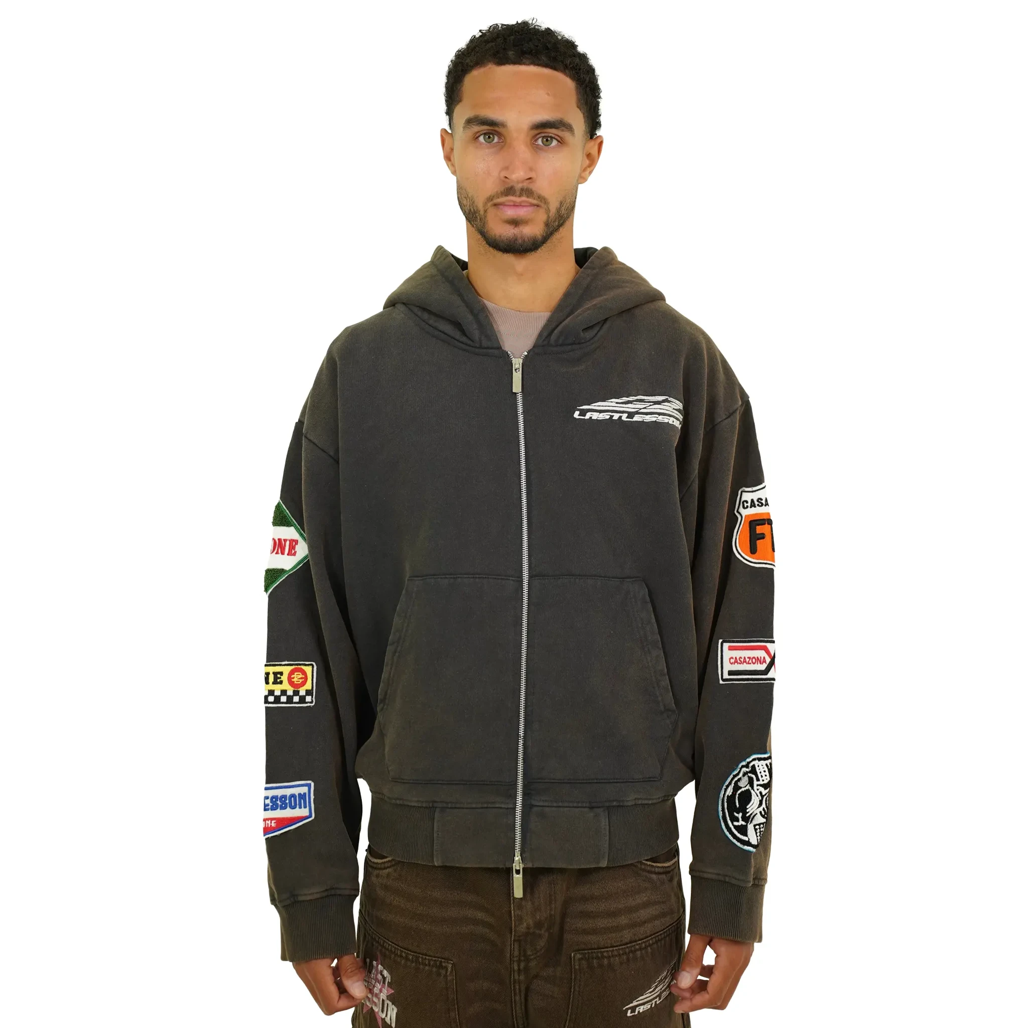 Front View of Last Lesson Casazona Brown Zip-Up Hoodie