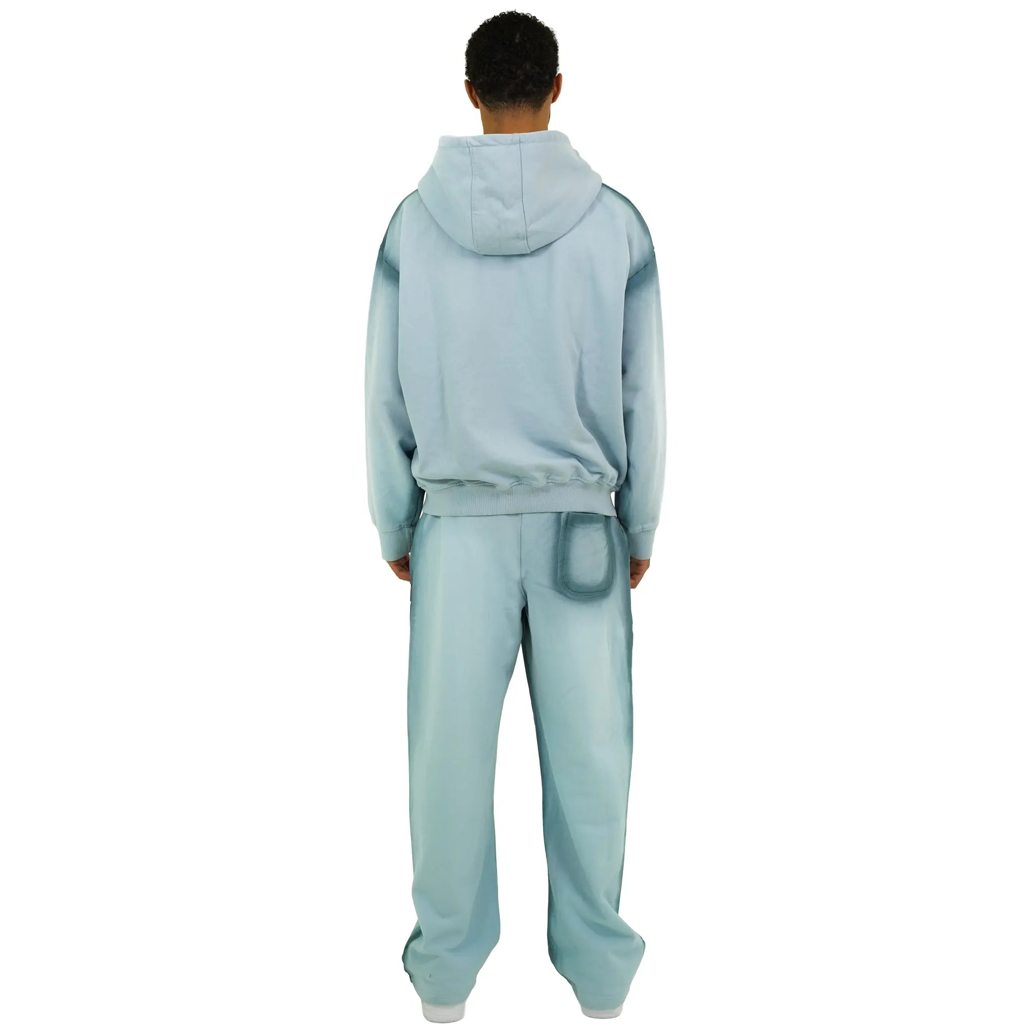 Back View of Last Lesson Sprayed Blue Sweatpants