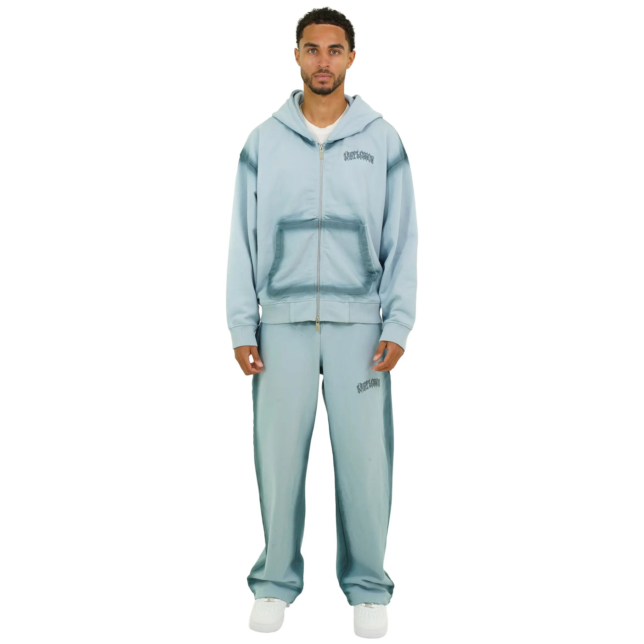 Front View of Last Lesson Sprayed Blue Sweatpants