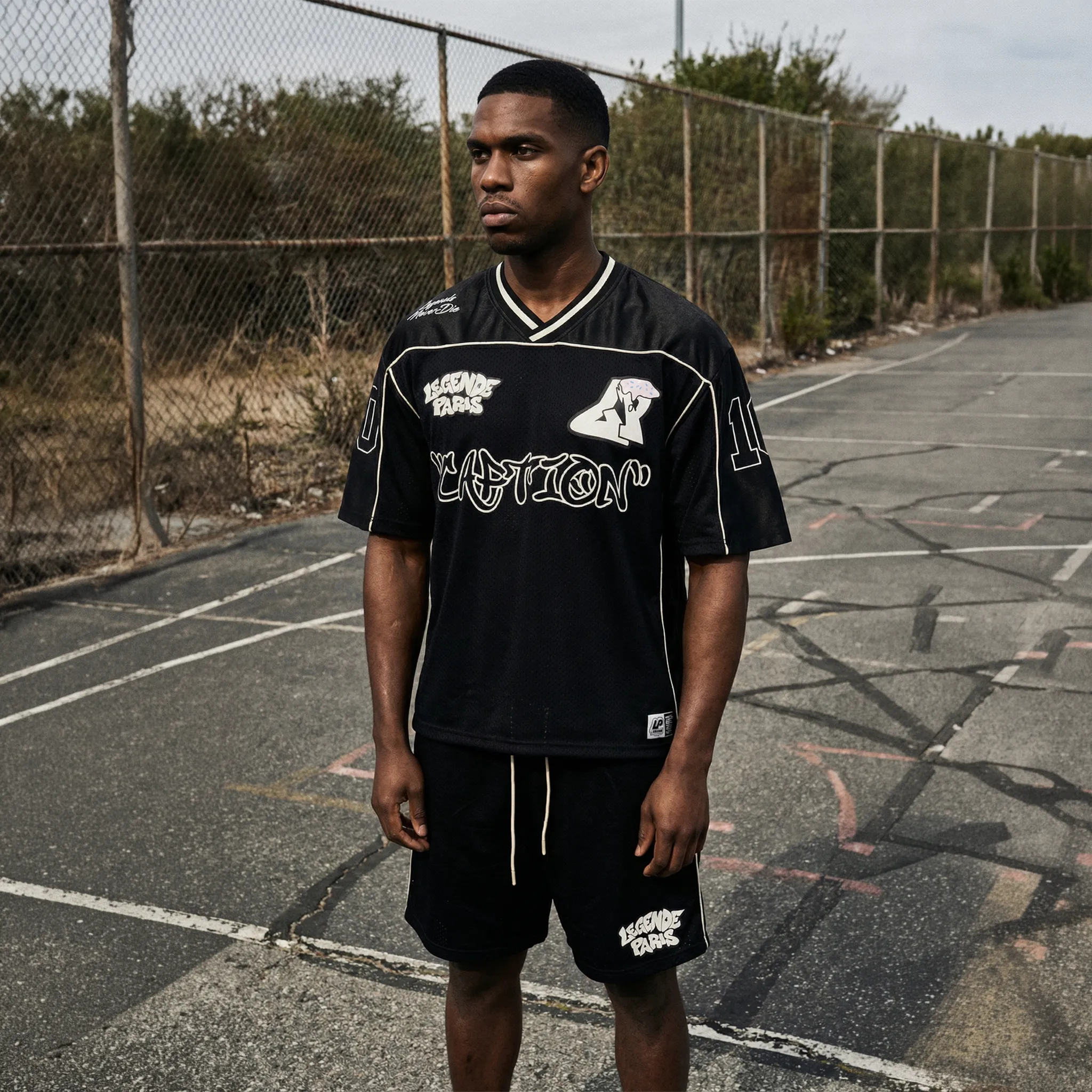 Front Side View of Légende Paris Graffiti Mesh Black Jersey