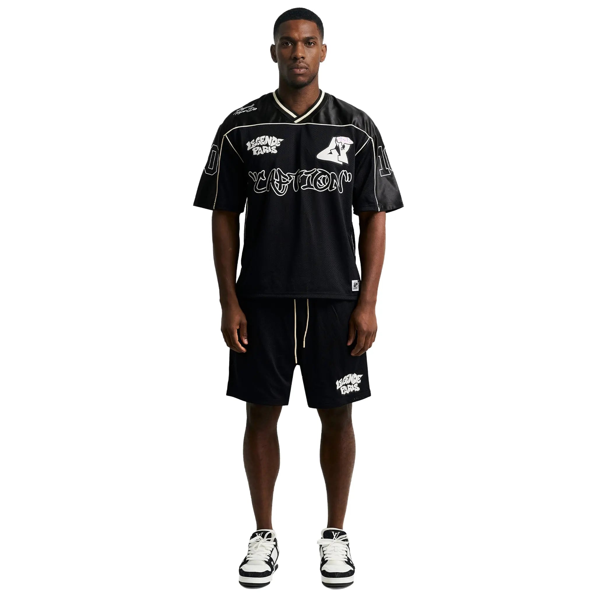 Front View of Légende Paris Graffiti Mesh Black Shorts