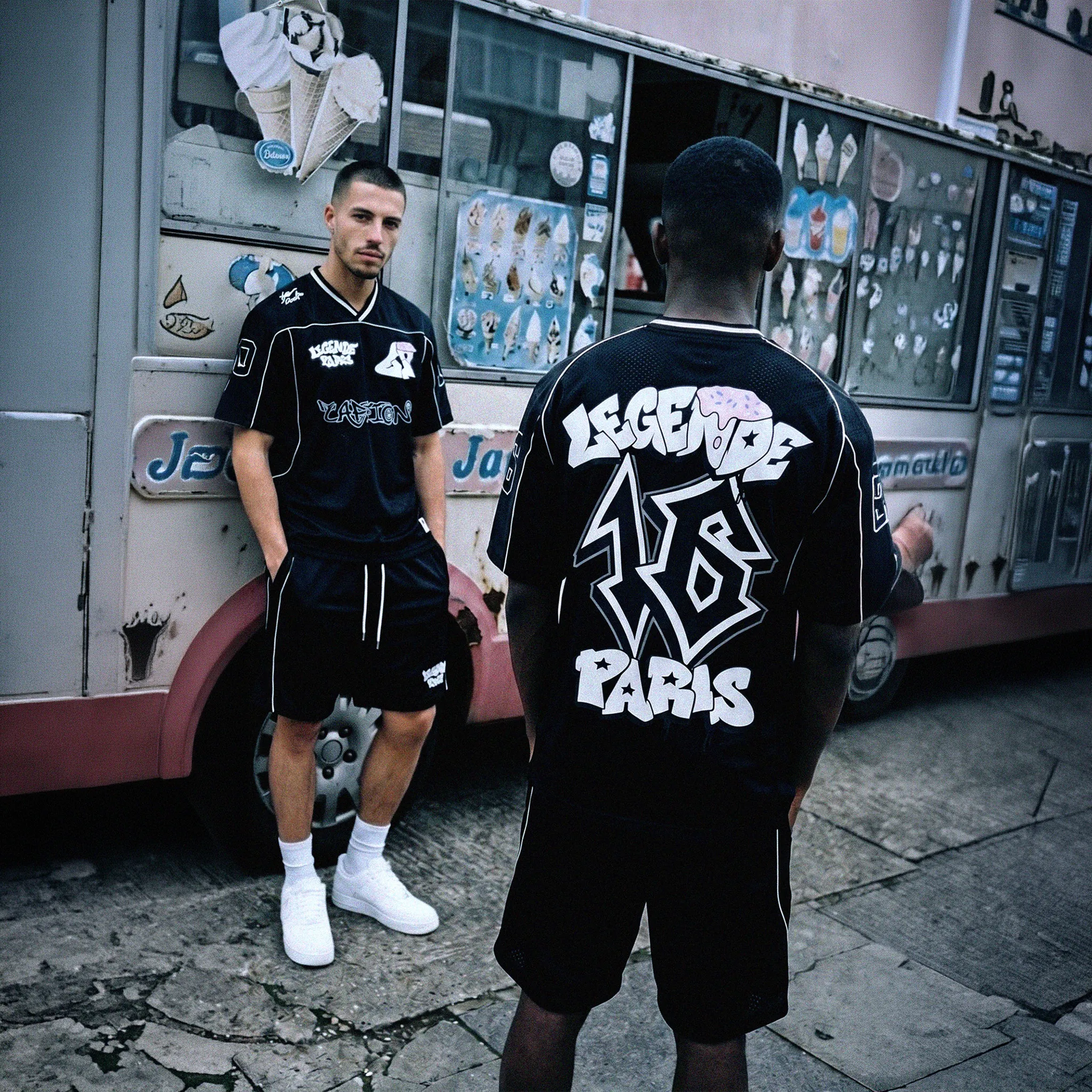 Model View of Légende Paris Graffiti Mesh Black Shorts
