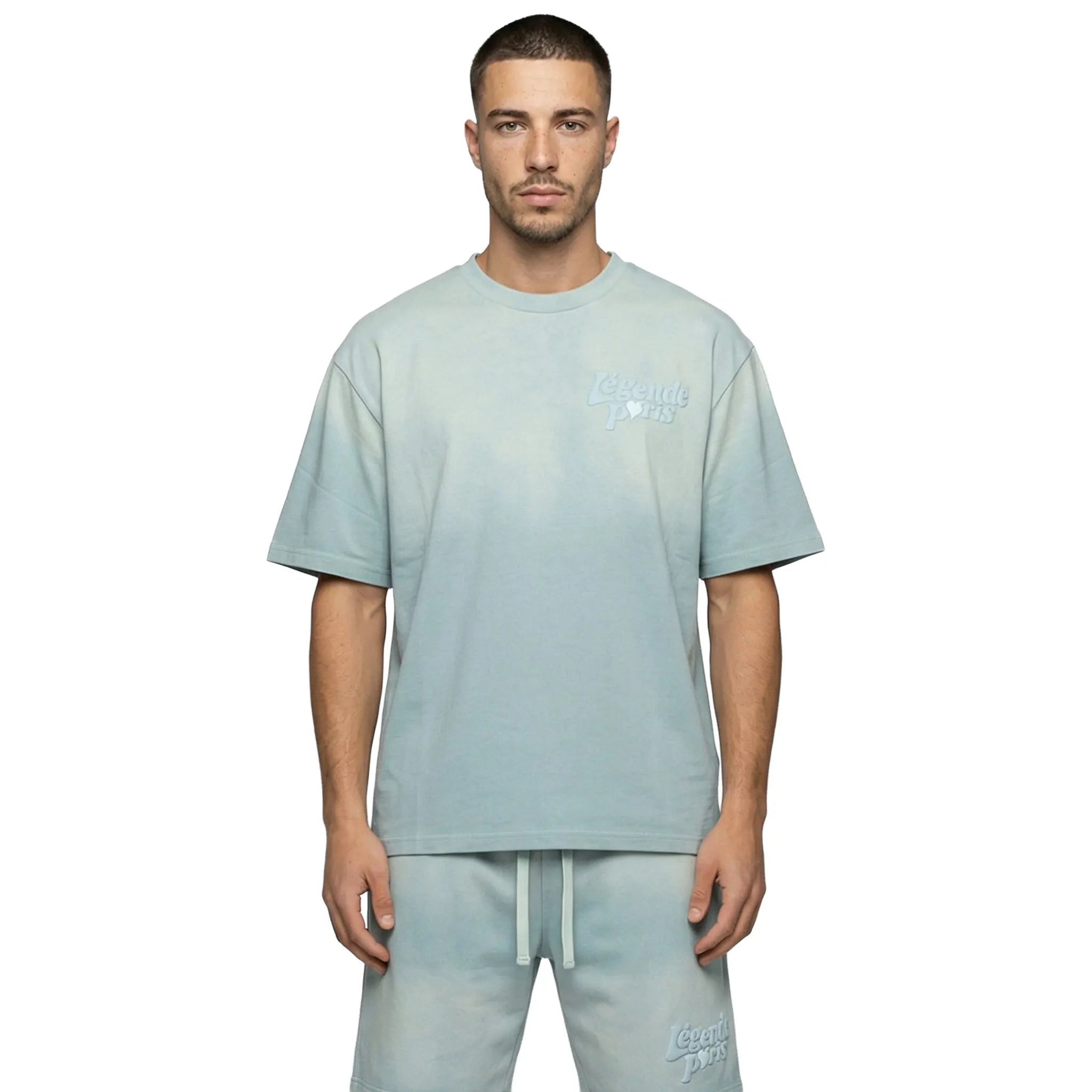 Front View of Légende Paris LND Gradient Icy Blue T-Shirt