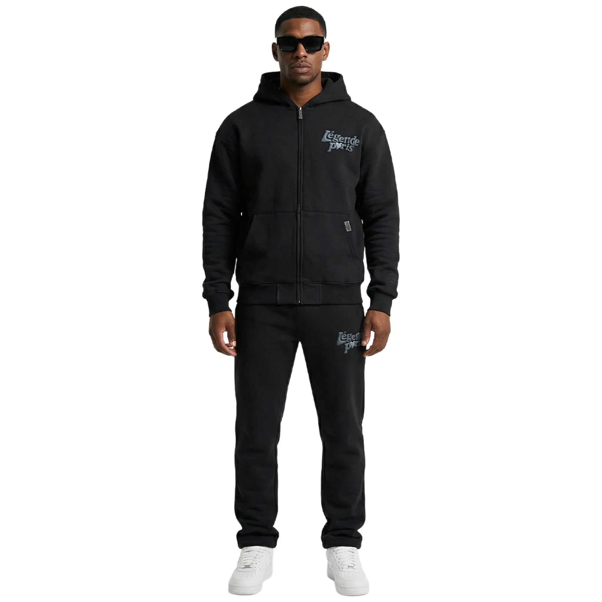 Front View of Légende Paris Lnd Tonal Black Zip-Up Hoodie LPHOD021