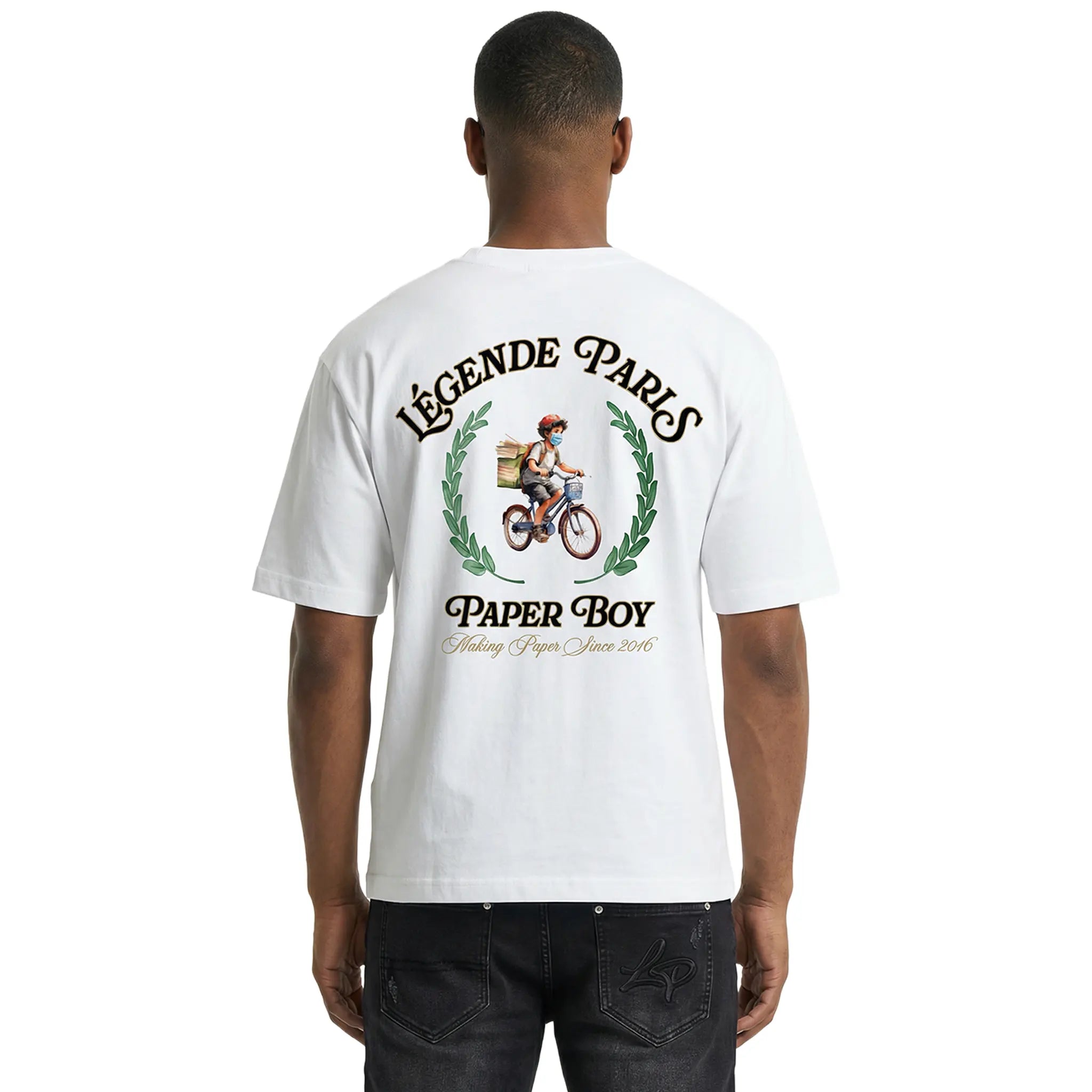 Back View of Légende Paris Paperboy White T Shirt LPTEE165