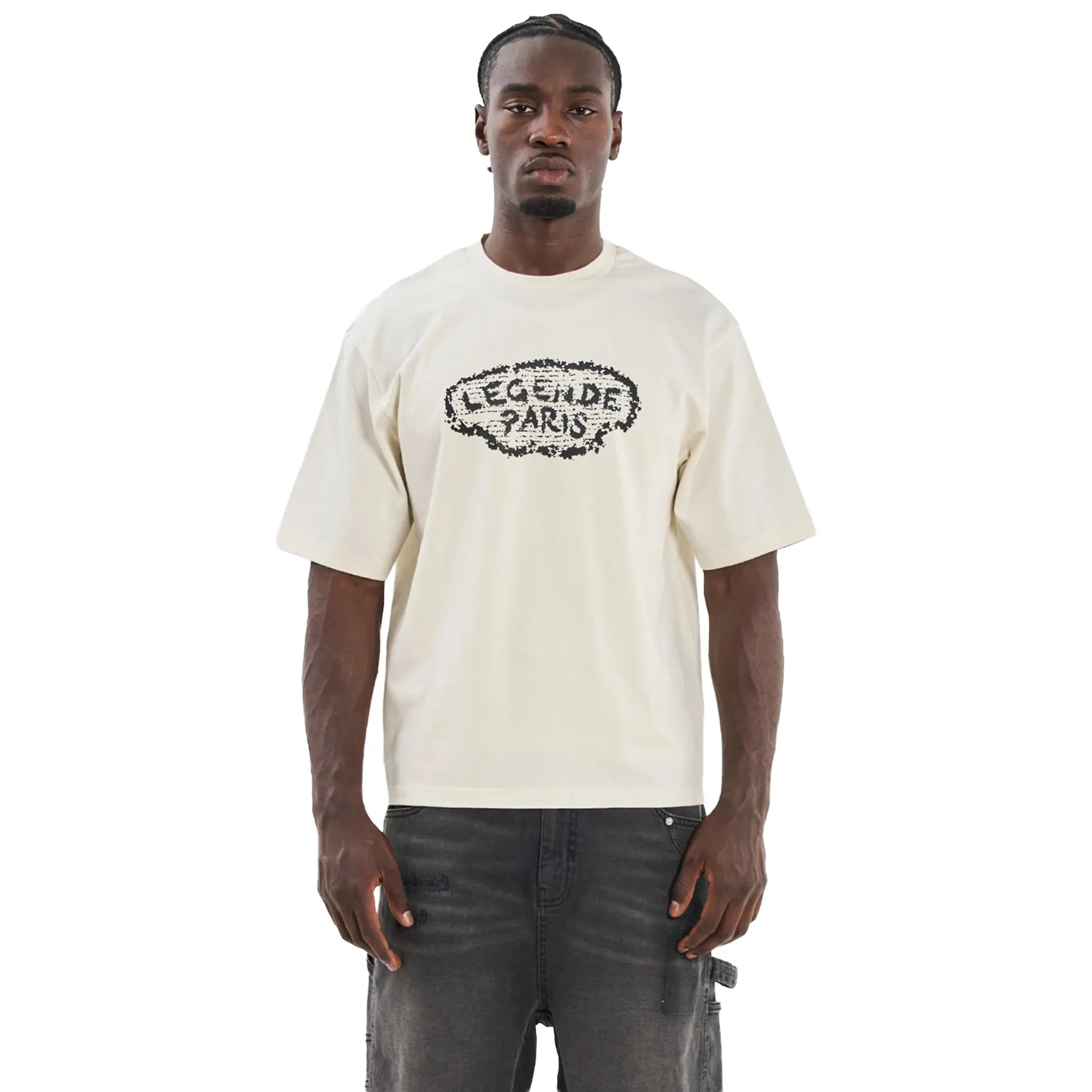 Front View of Legende Paris Rtm Newspaper Off White T-Shirt