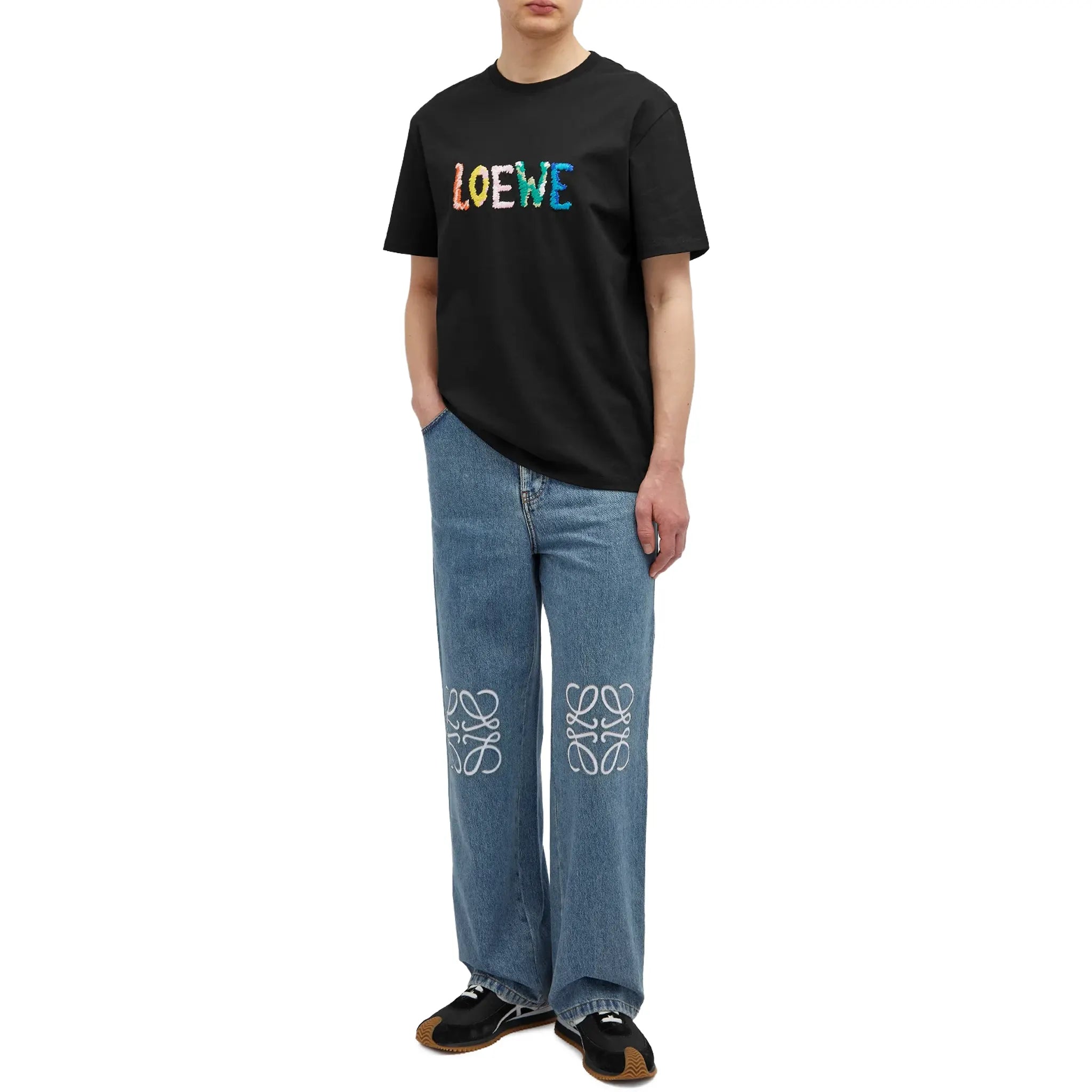 Full Front View of Loewe Embroidered Black T Shirt H526Y22XBF-1100