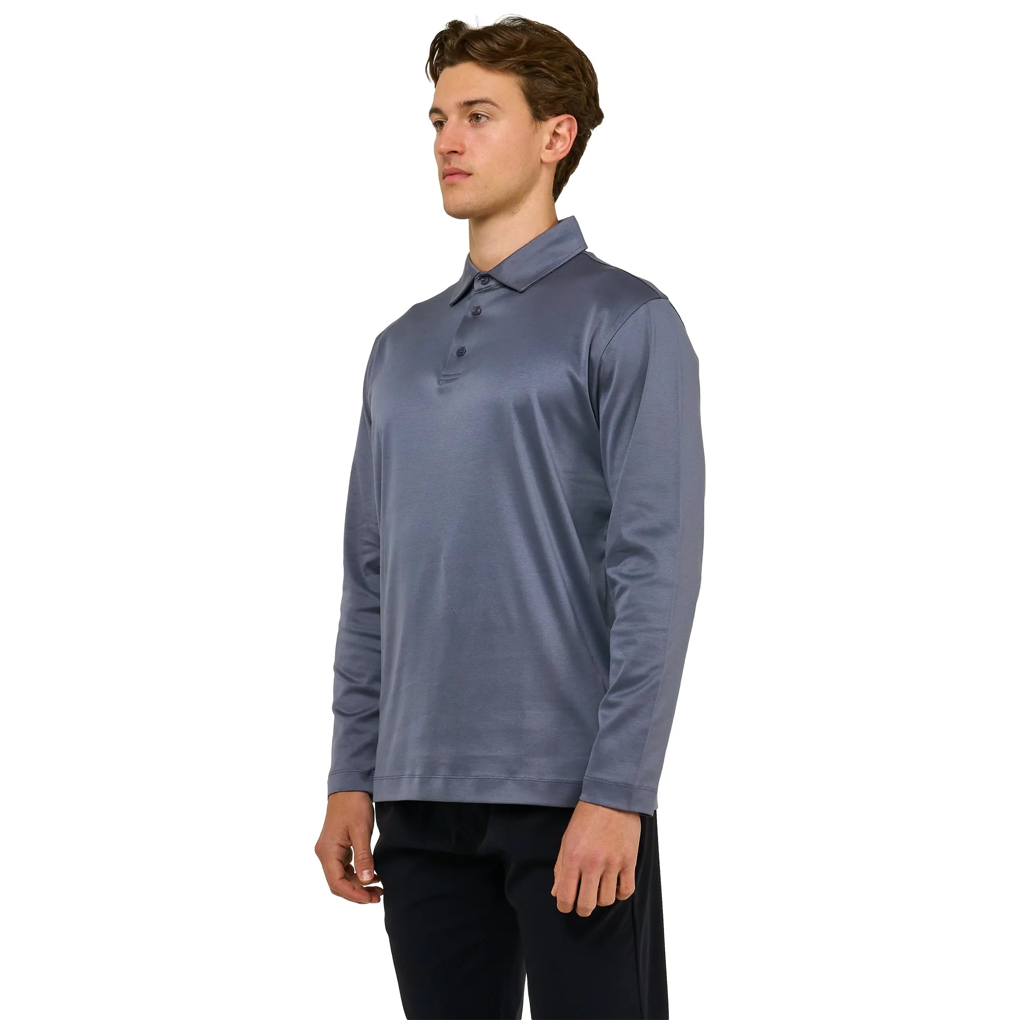 Front Side View of Loiano Egyptian Cotton L/S Steel Polo Shirt