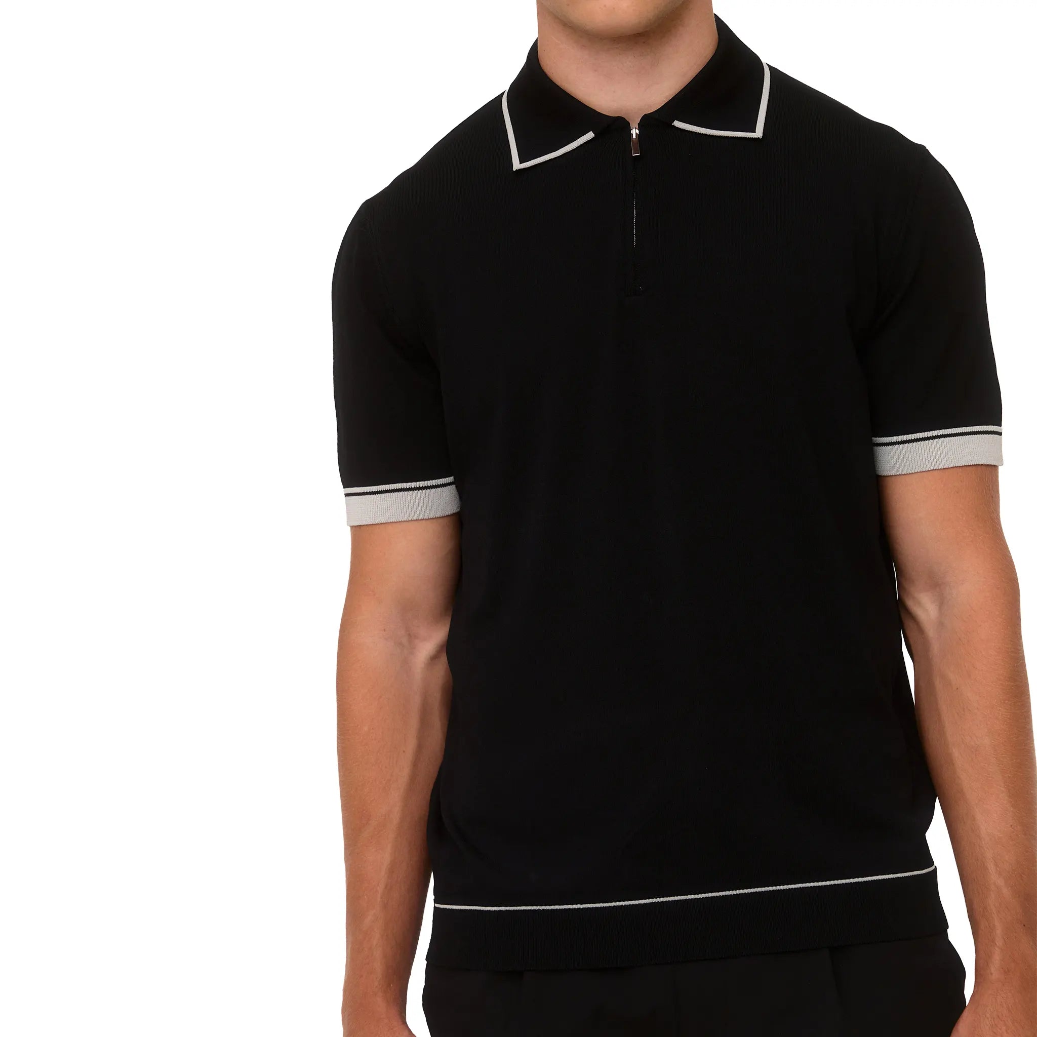 Front View of Loiano Rayon Knit Black Polo Shirt
