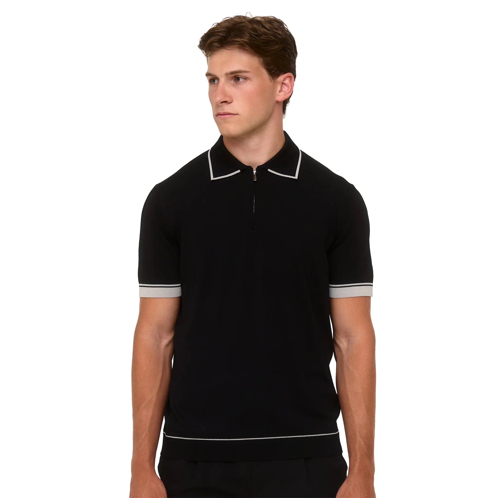 Front View of Loiano Rayon Knit Black Polo Shirt