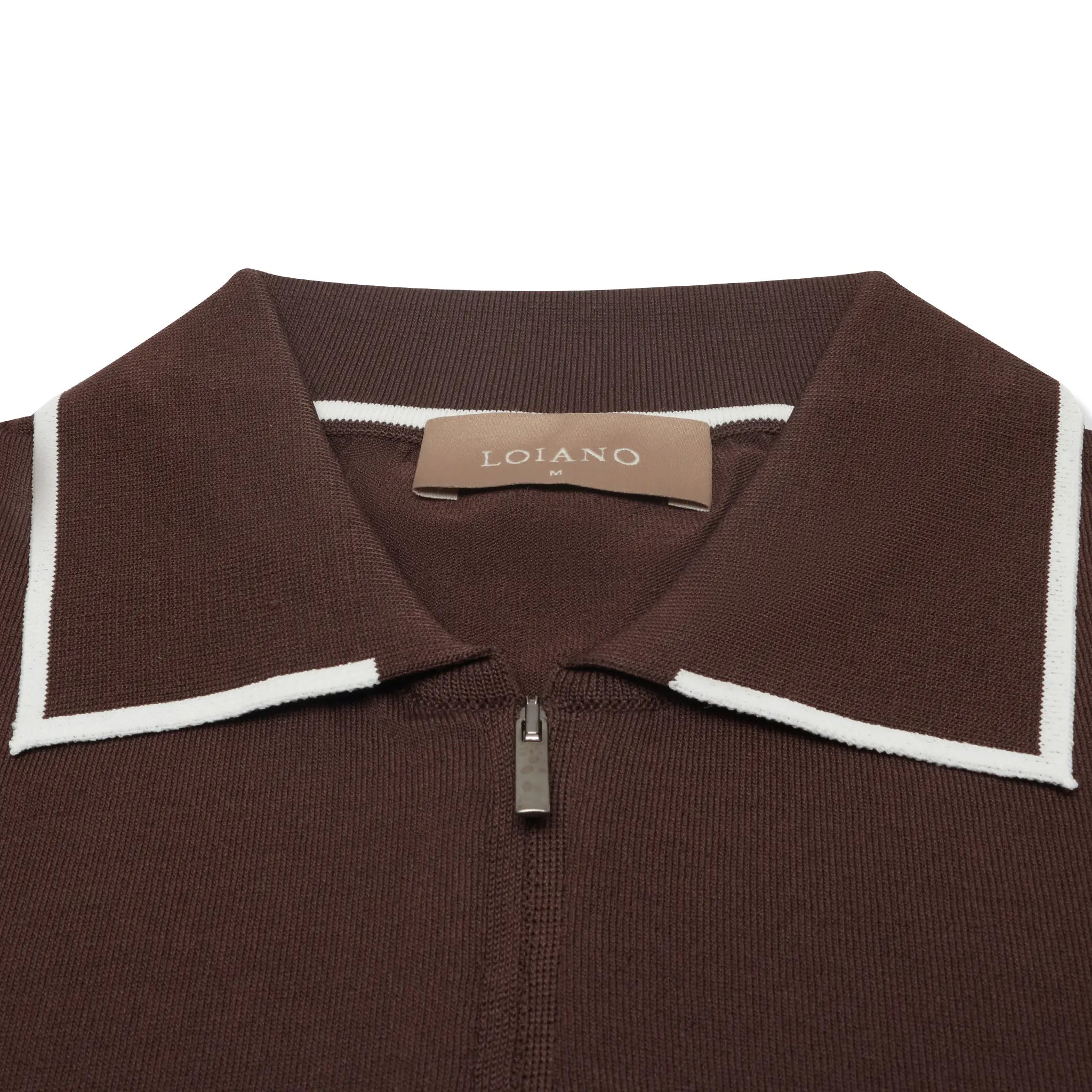 Detailed Neck View of Loiano Rayon Knit Brown Polo Shirt