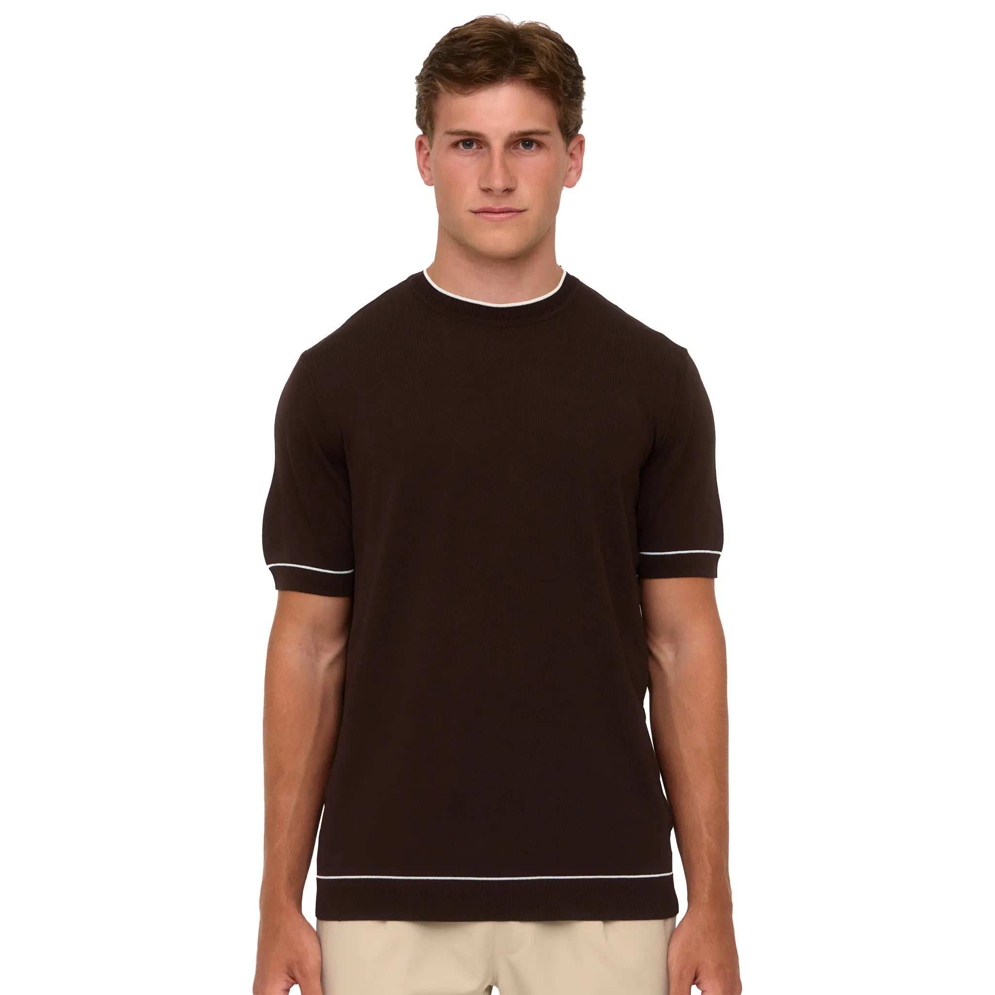 Front View of Loiano Rayon Knit Brown T-Shirt