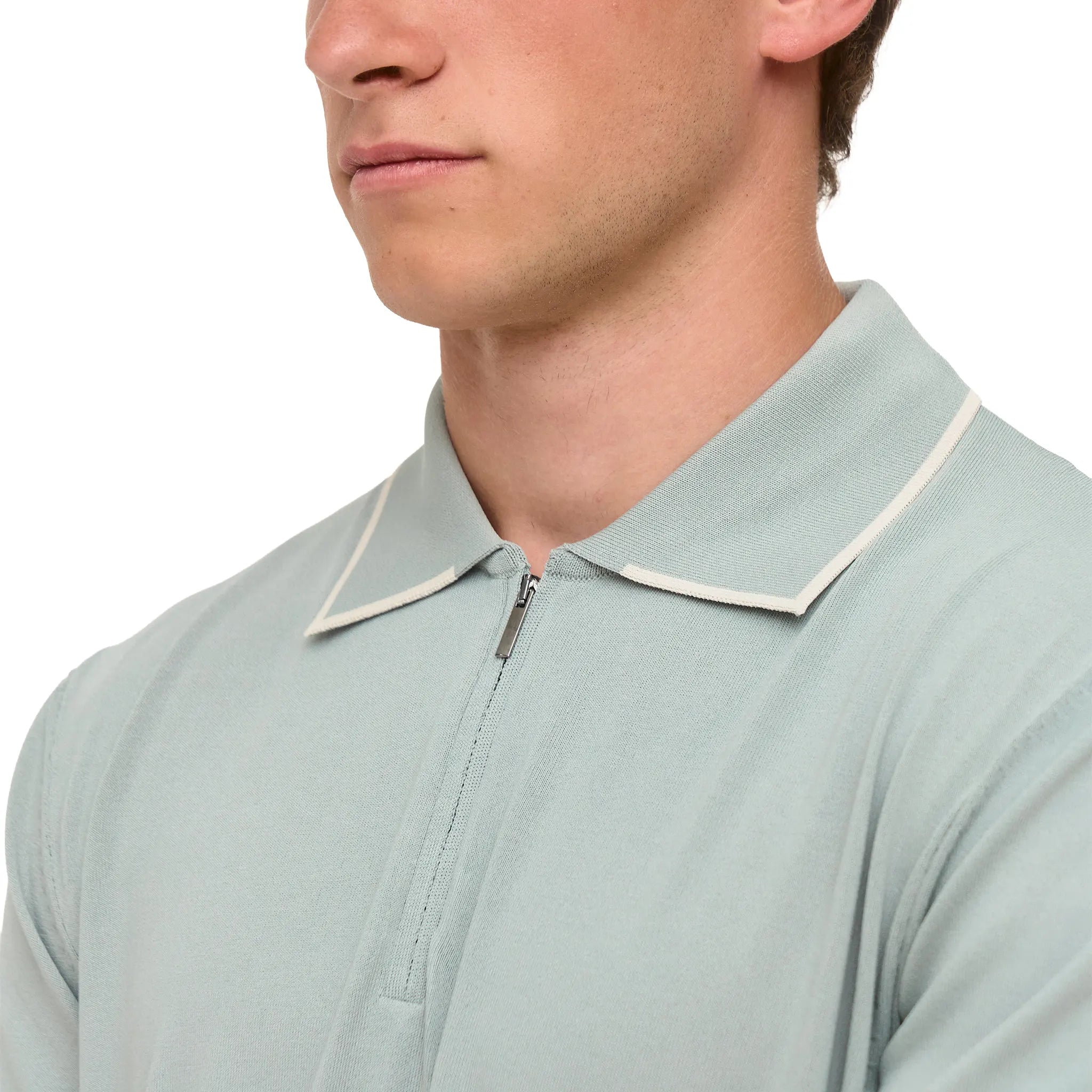 Detailed Neck View of Loiano Rayon Knit Mint Polo Shirt