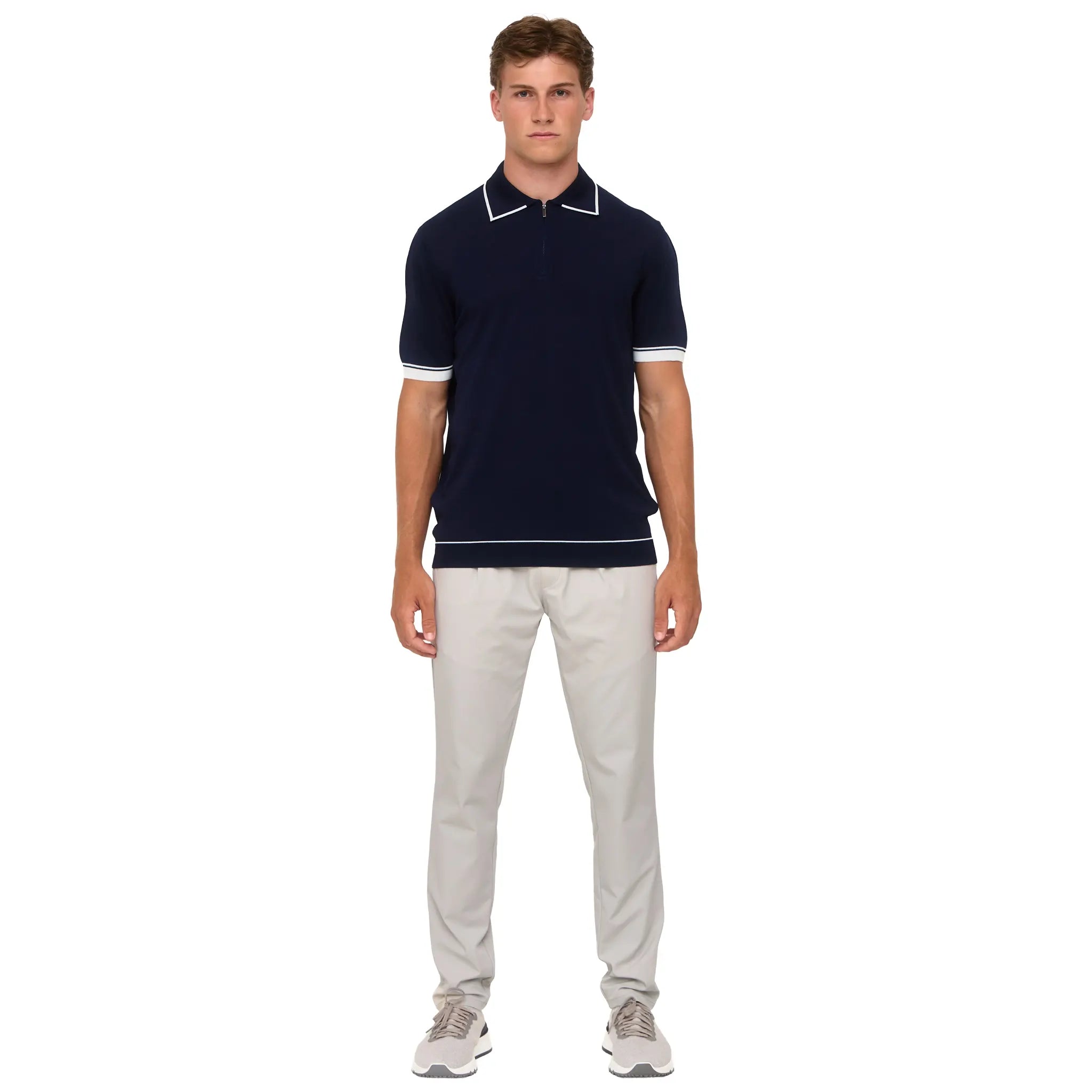 Front View of Loiano Rayon Knit Navy Polo Shirt