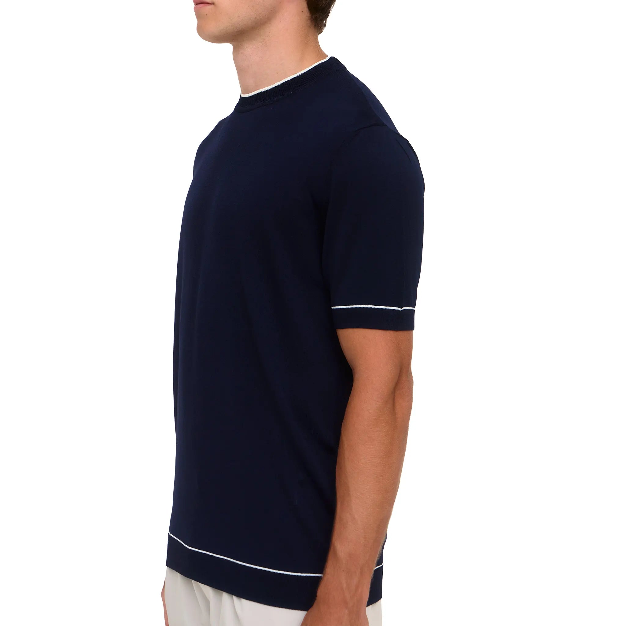 Side View of Loiano Rayon Knit Navy T-Shirt